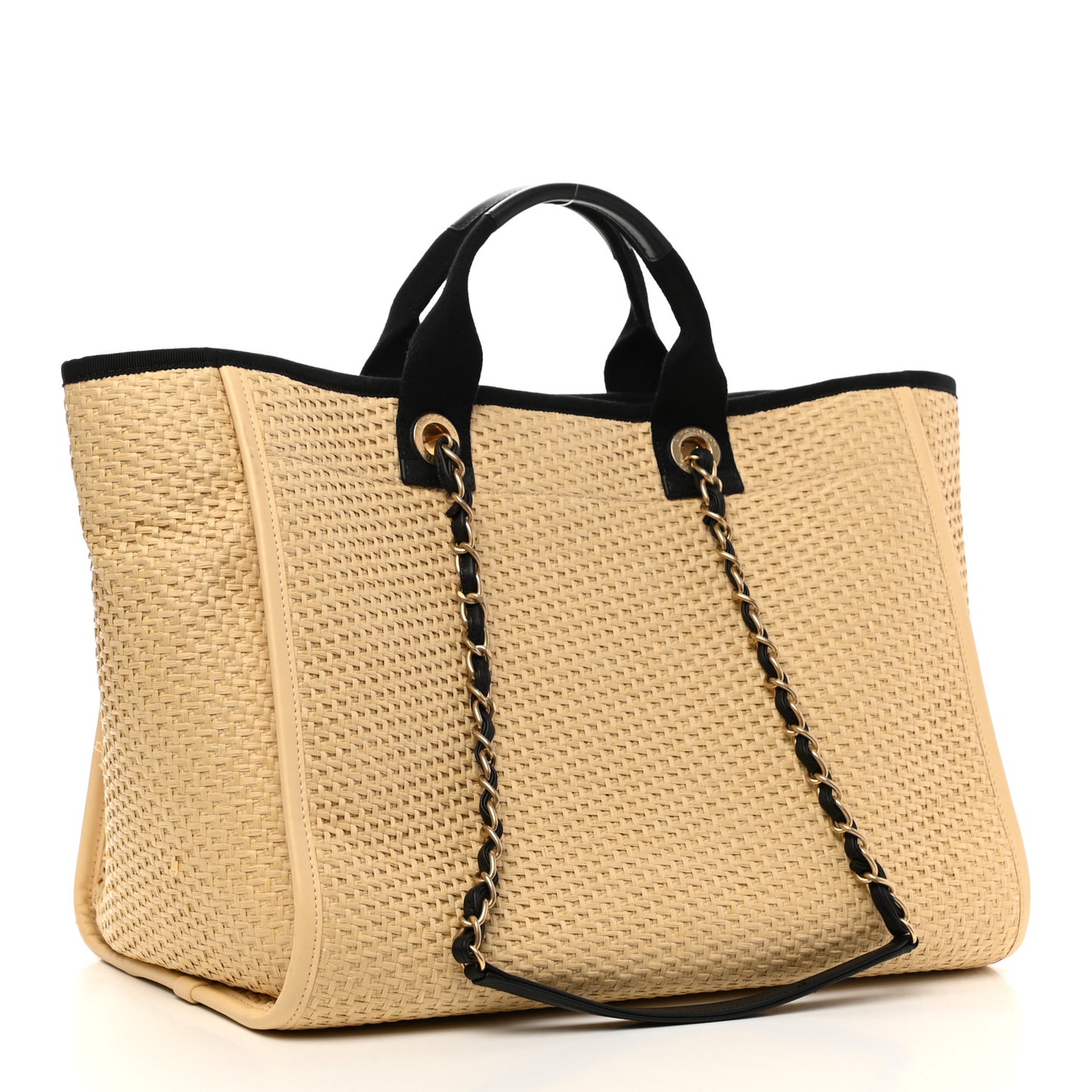 Straw Raffia Calfskin Chain Medium Deauville Tote Beige Black