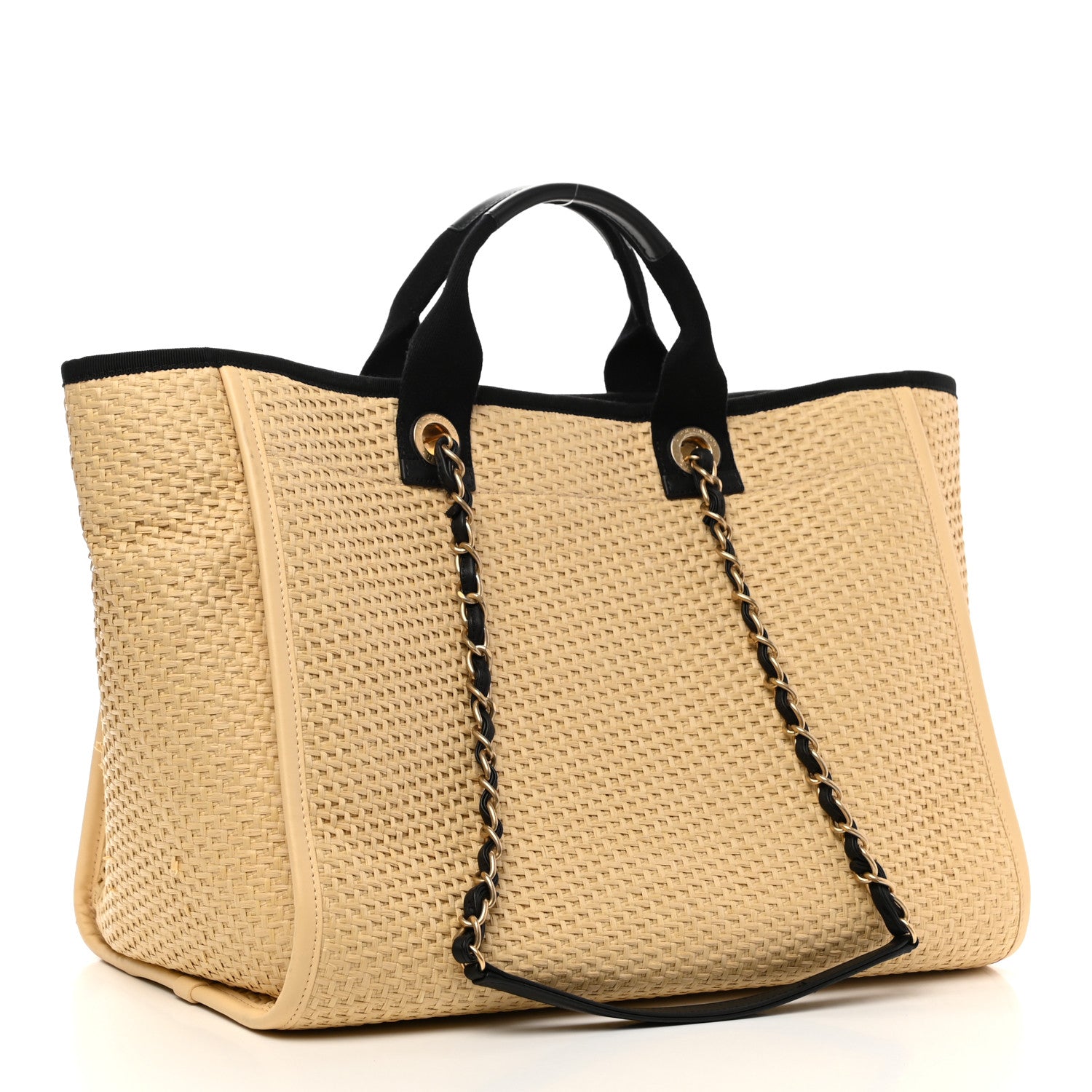 Chanel Straw Raffia Calfskin Chain Medium Deauville Tote Beige Black 3 of 10