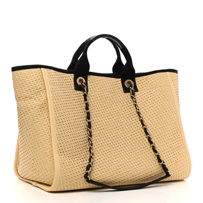Chanel Straw Raffia Calfskin Chain Medium Deauville Tote Beige Black 3 of 10