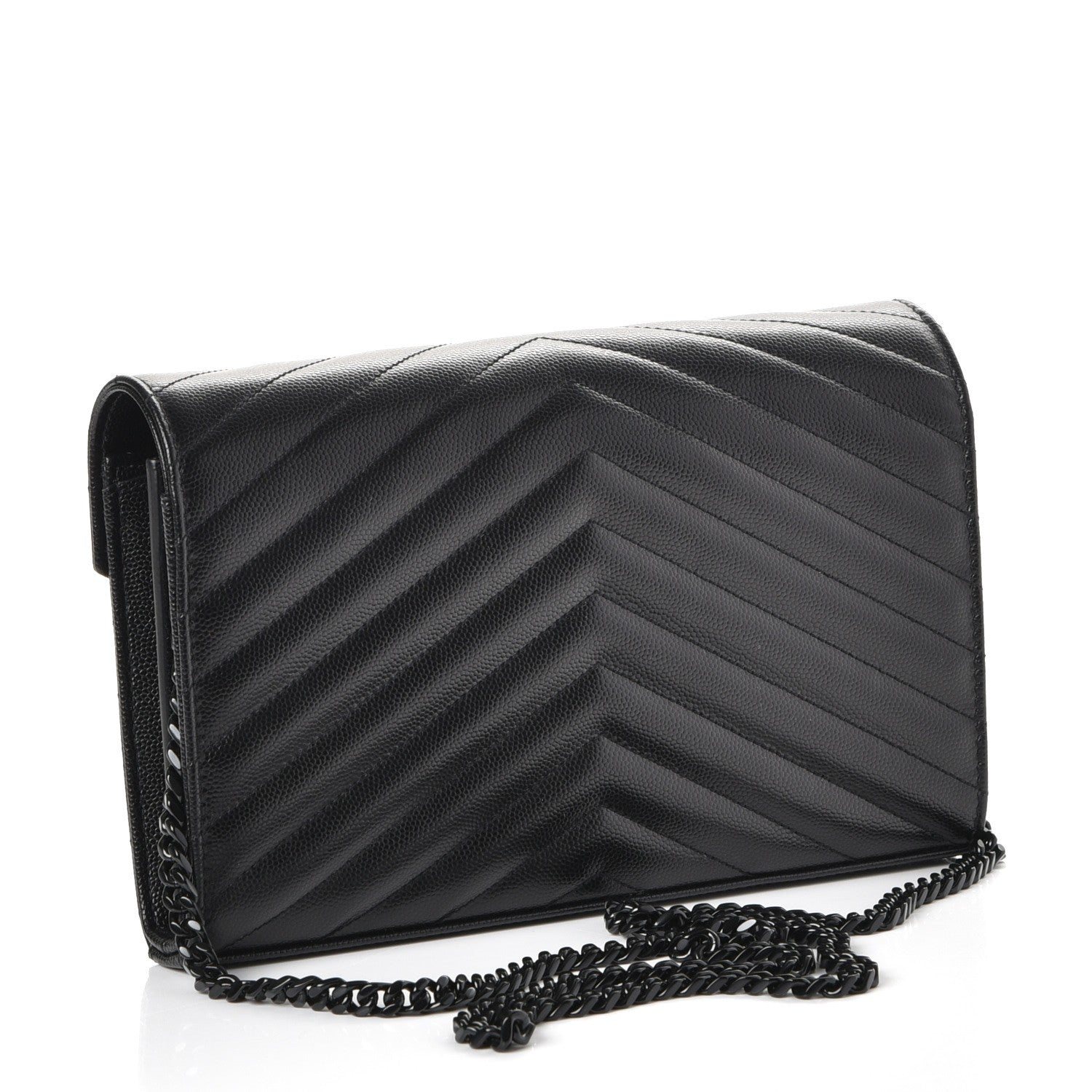 Saint Laurent Grain De Poudre Matelasse Chevron Monogram Chain Wallet Black 3 of 7