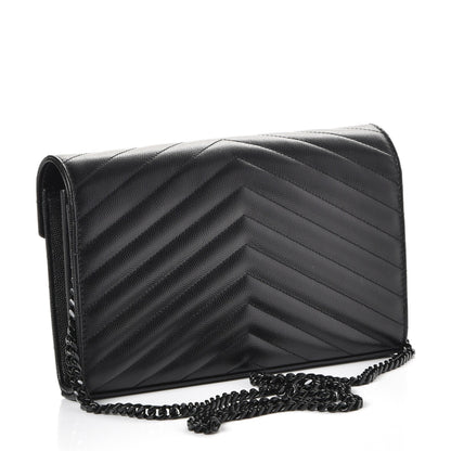 Saint Laurent Grain De Poudre Matelasse Chevron Monogram Chain Wallet Black 3 of 7