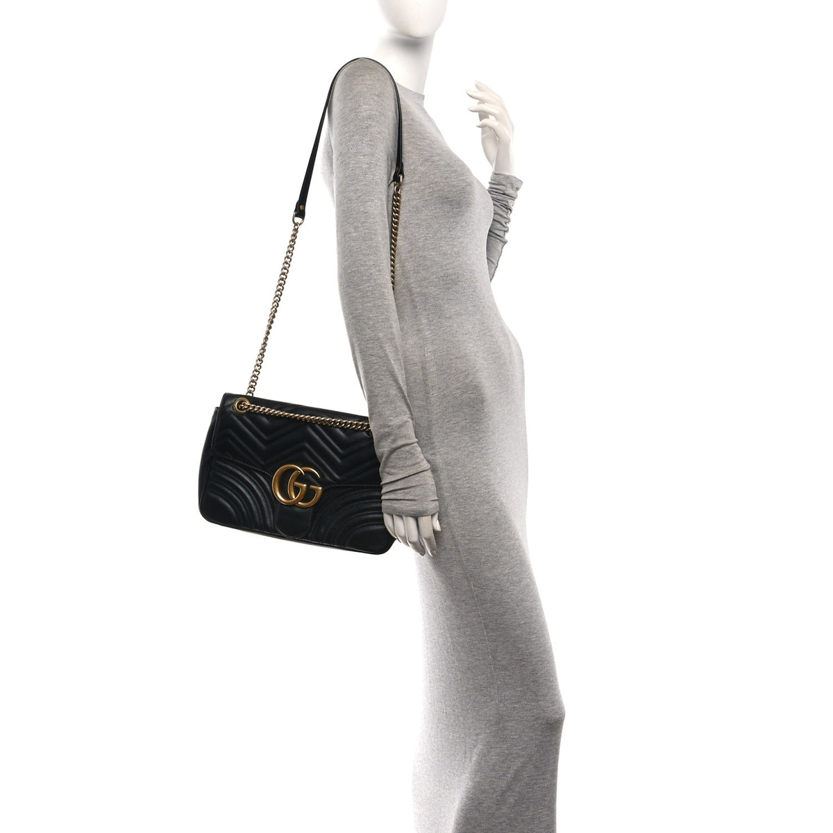 Gucci Calfskin Matelasse Medium GG Marmont Shoulder Bag Black 2 of 10