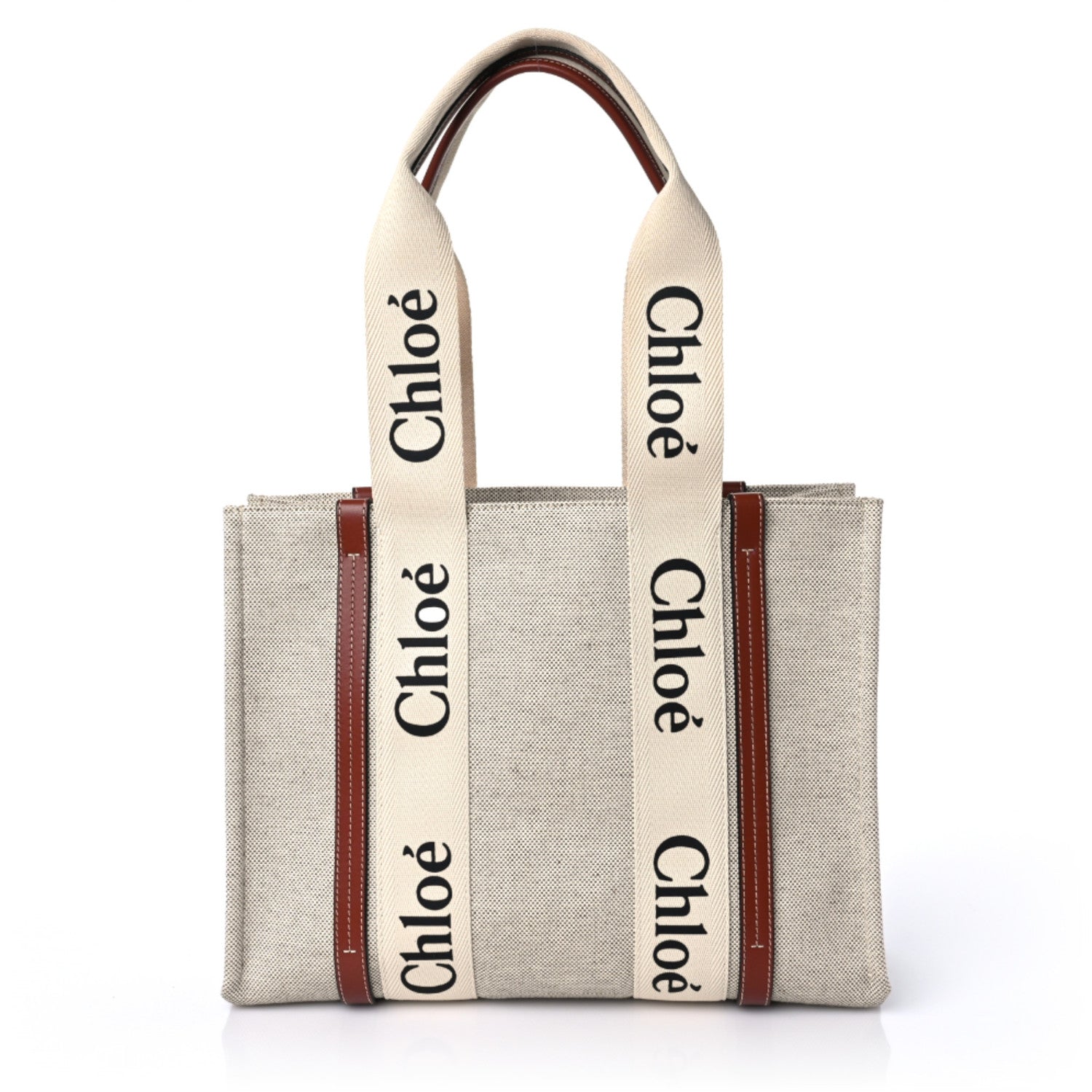 Chloe Cotton Calfskin Medium Woody Ribbon Tote White Brown 1 of 8