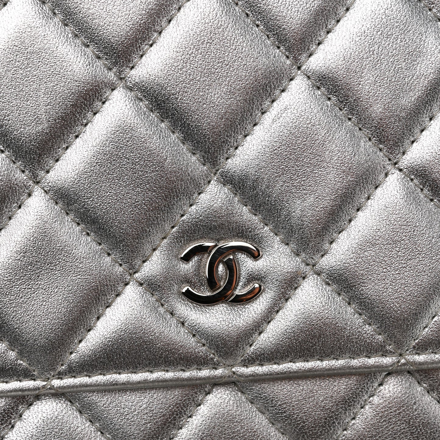 Metallic Lambskin Quilted Wallet On Chain WOC Silver