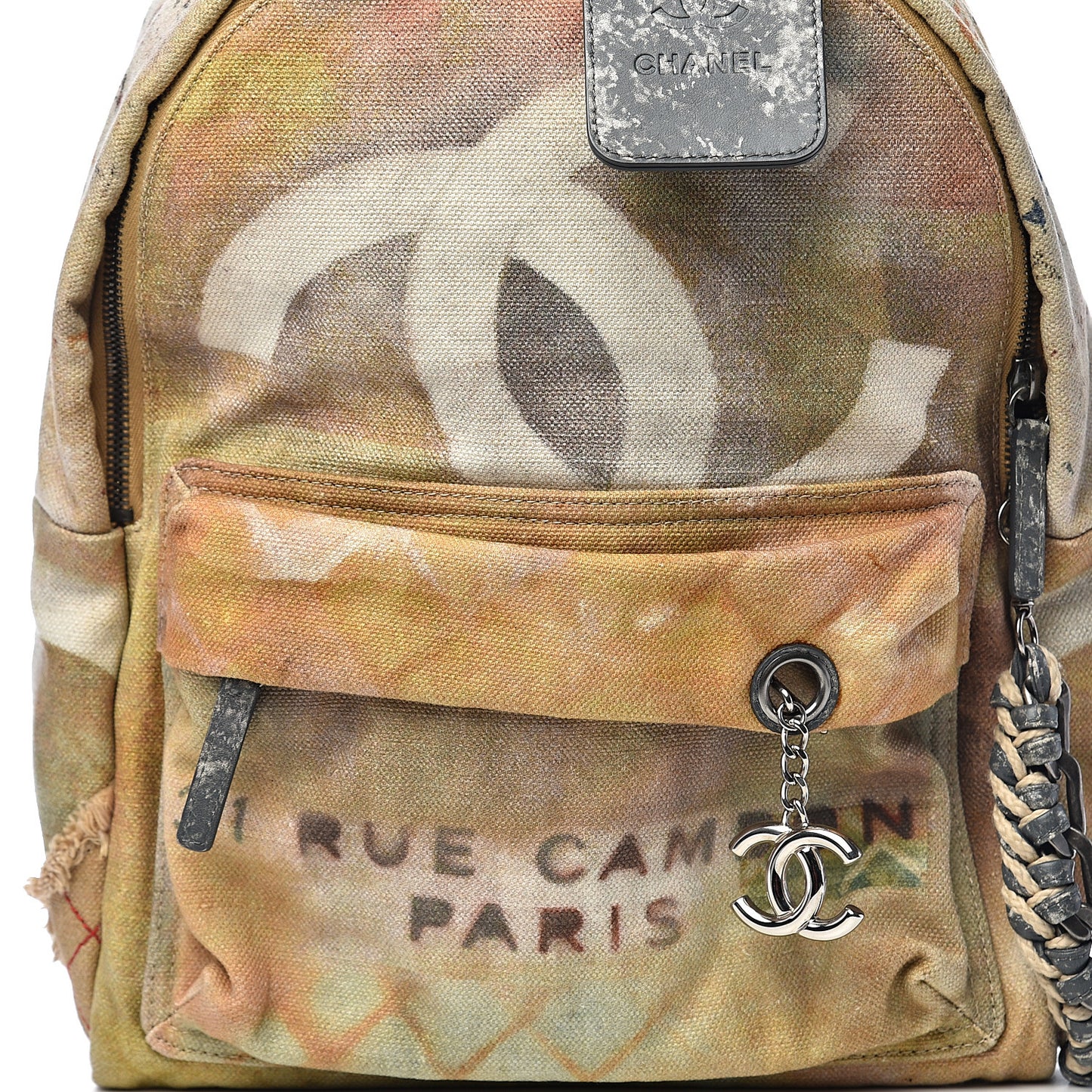 Graffiti Printed Canvas Medium Backpack Beige