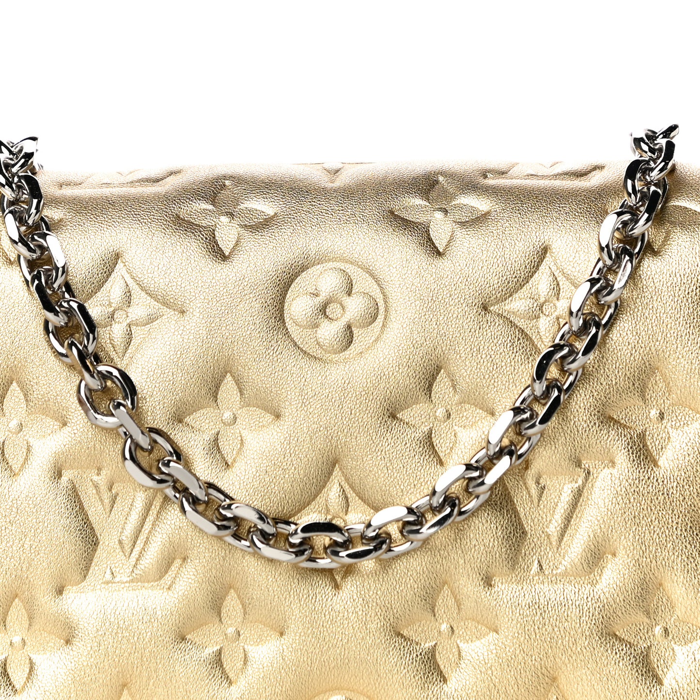 Metallic Lambskin Embossed Monogram Pochette Coussin Gold