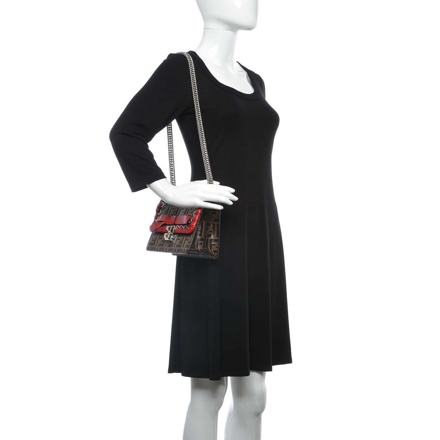 Vitello Shiny Nappa Bi-Color FF 1974 Lace Up Bow Embossed Small Kan I Shoulder Bag Maya Black Fragola