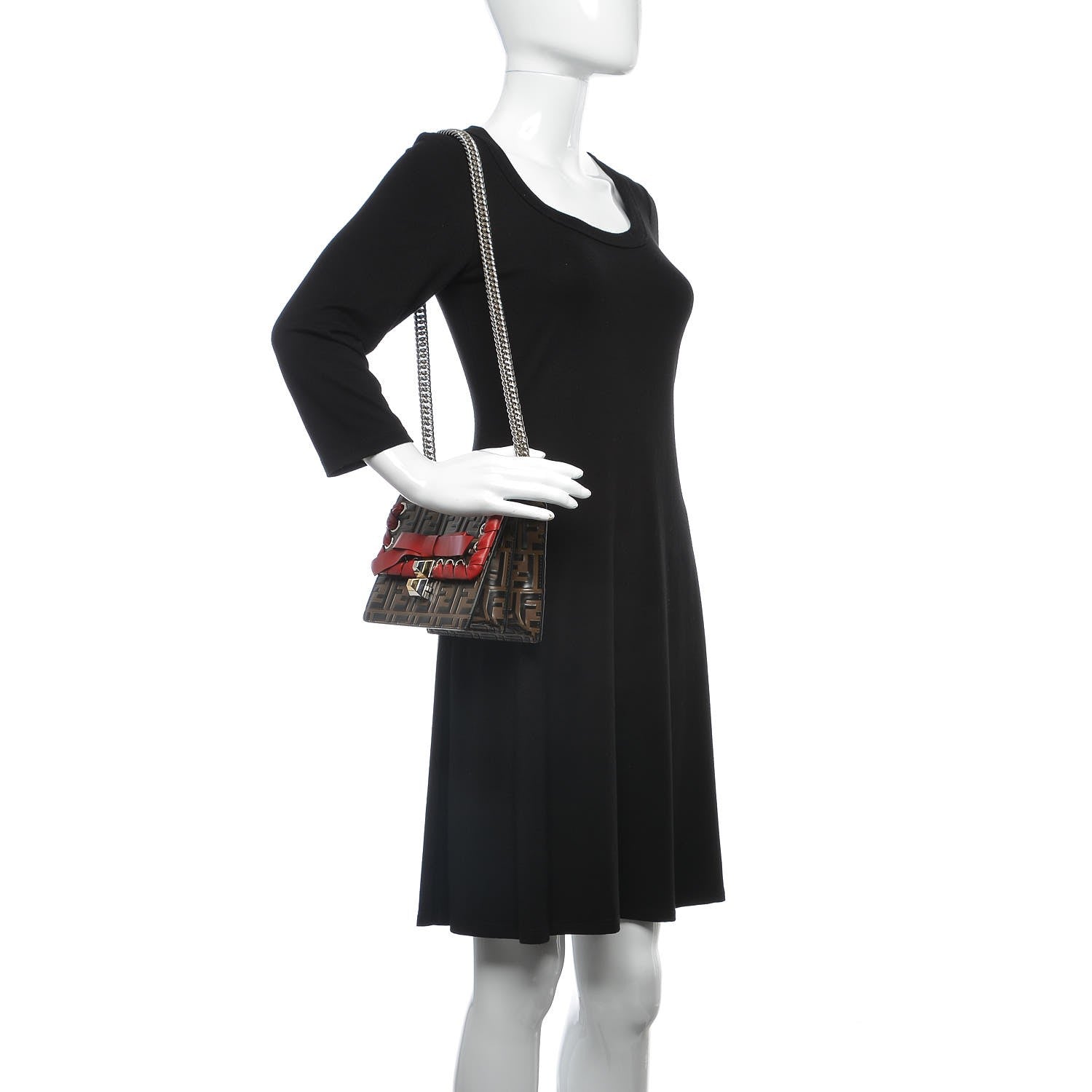 Fendi Vitello Shiny Nappa Bi-Color FF 1974 Lace Up Bow Embossed Small Kan I Shoulder Bag Maya Black Fragola 2 of 6