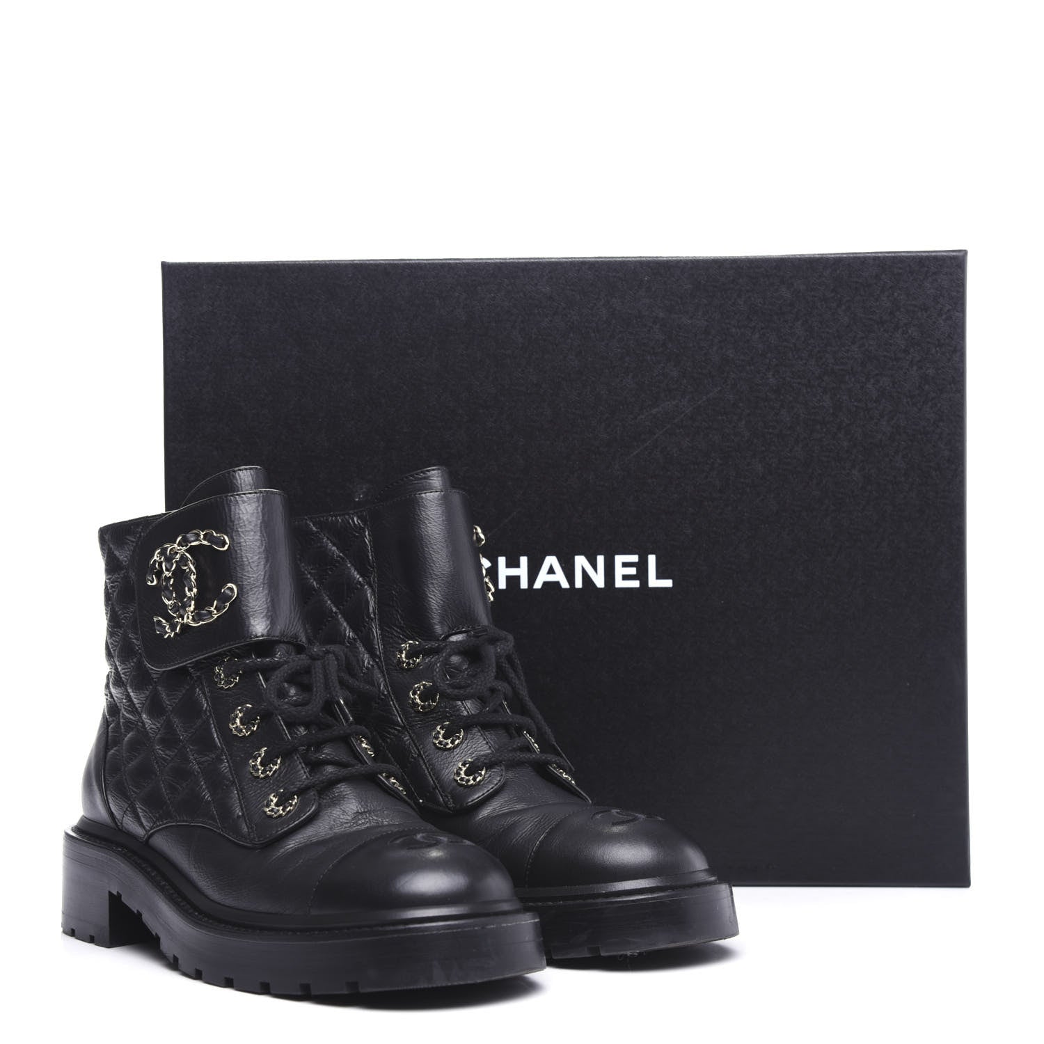 Chanel Shiny Goatskin Calfskin Quilted Lace Up Combat Boots 38 Black 10 of 10