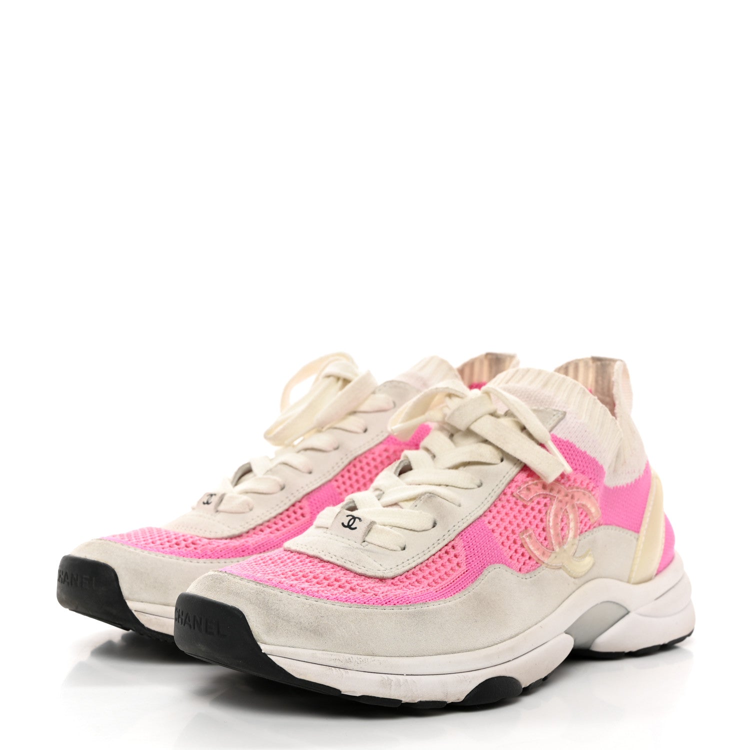 Chanel Fabric Suede Calfskin Stretch CC Sneakers 39.5 White Pink 3 of 12