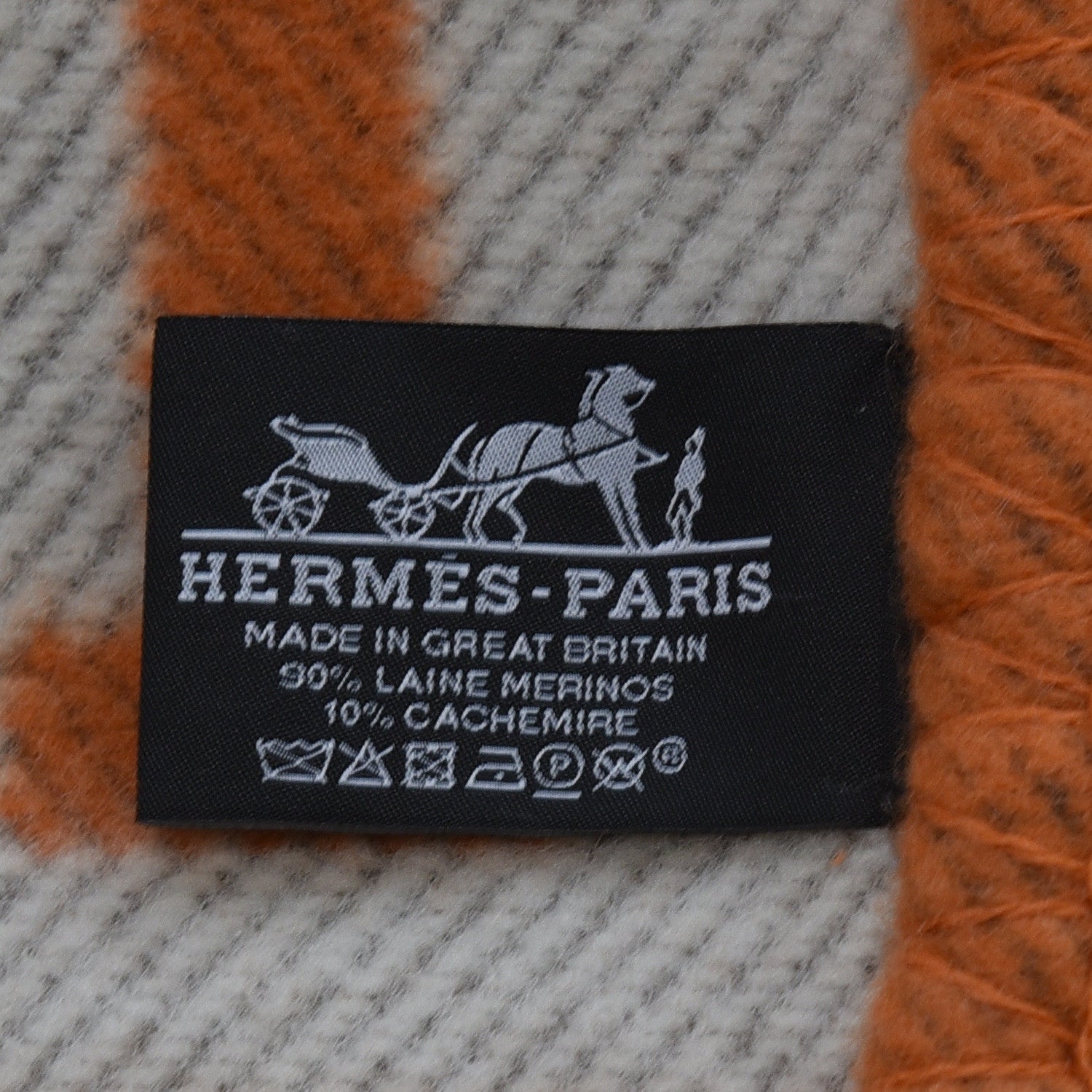 Hermes Wool Cashmere Signature Classic Avalon Blanket Ecru Potiron 4 of 4