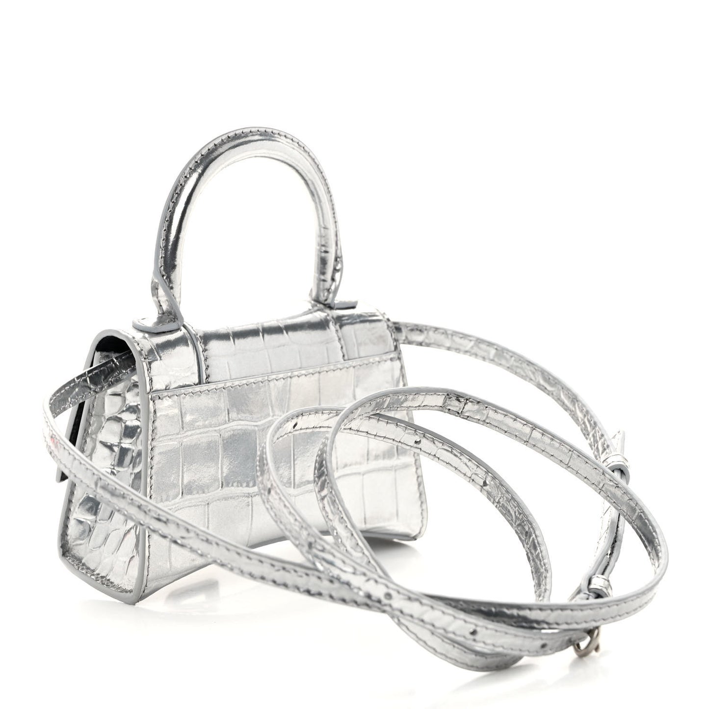 Metallic Calfskin Crocodile Embossed Hourglass Top Handle Bag Mini Silver