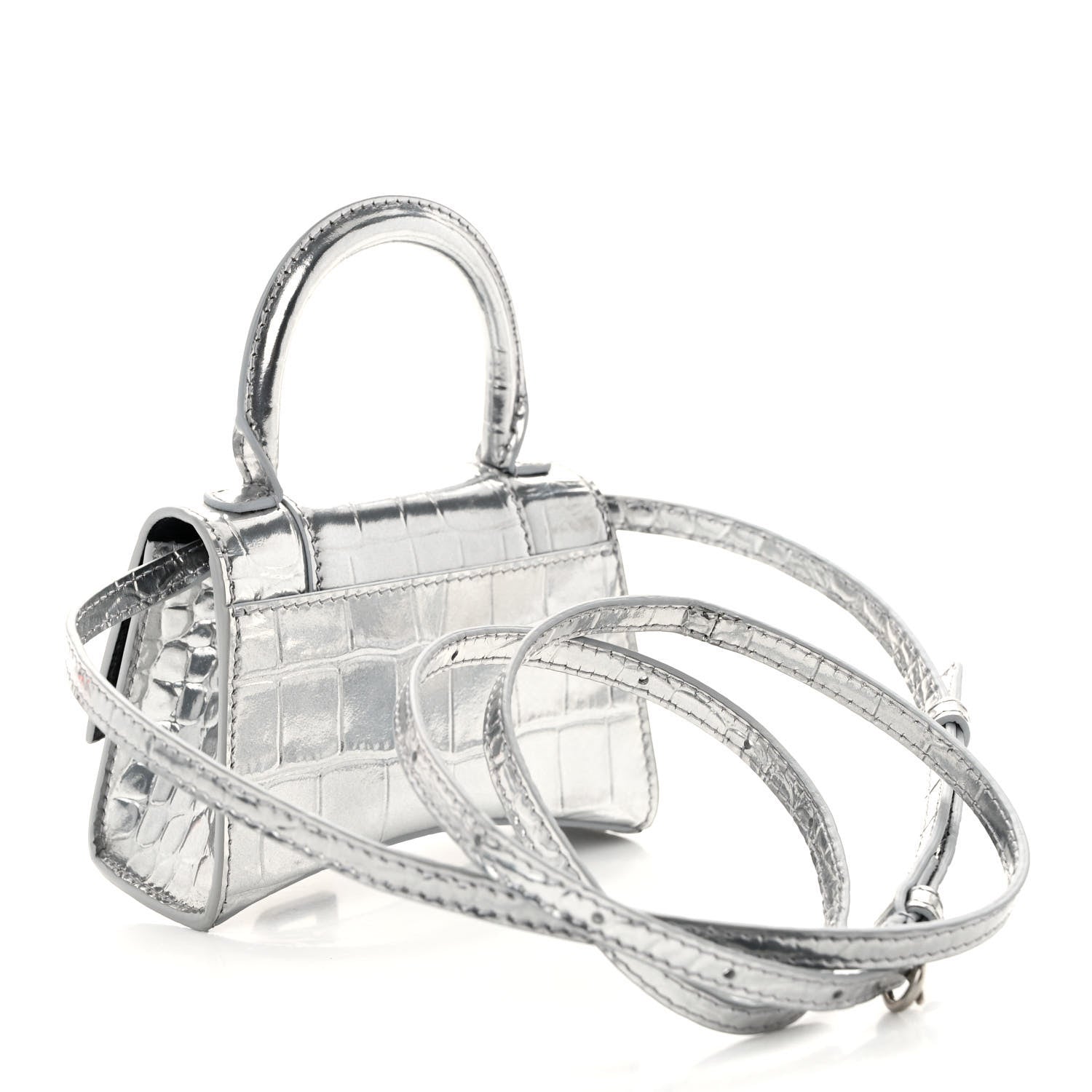Balenciaga Metallic Calfskin Crocodile Embossed Hourglass Top Handle Bag Mini Silver 3 of 9