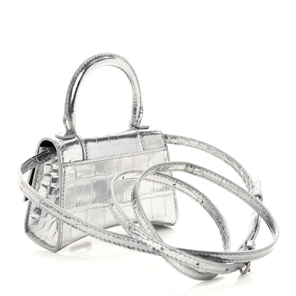 Balenciaga Metallic Calfskin Crocodile Embossed Hourglass Top Handle Bag Mini Silver 3 of 9