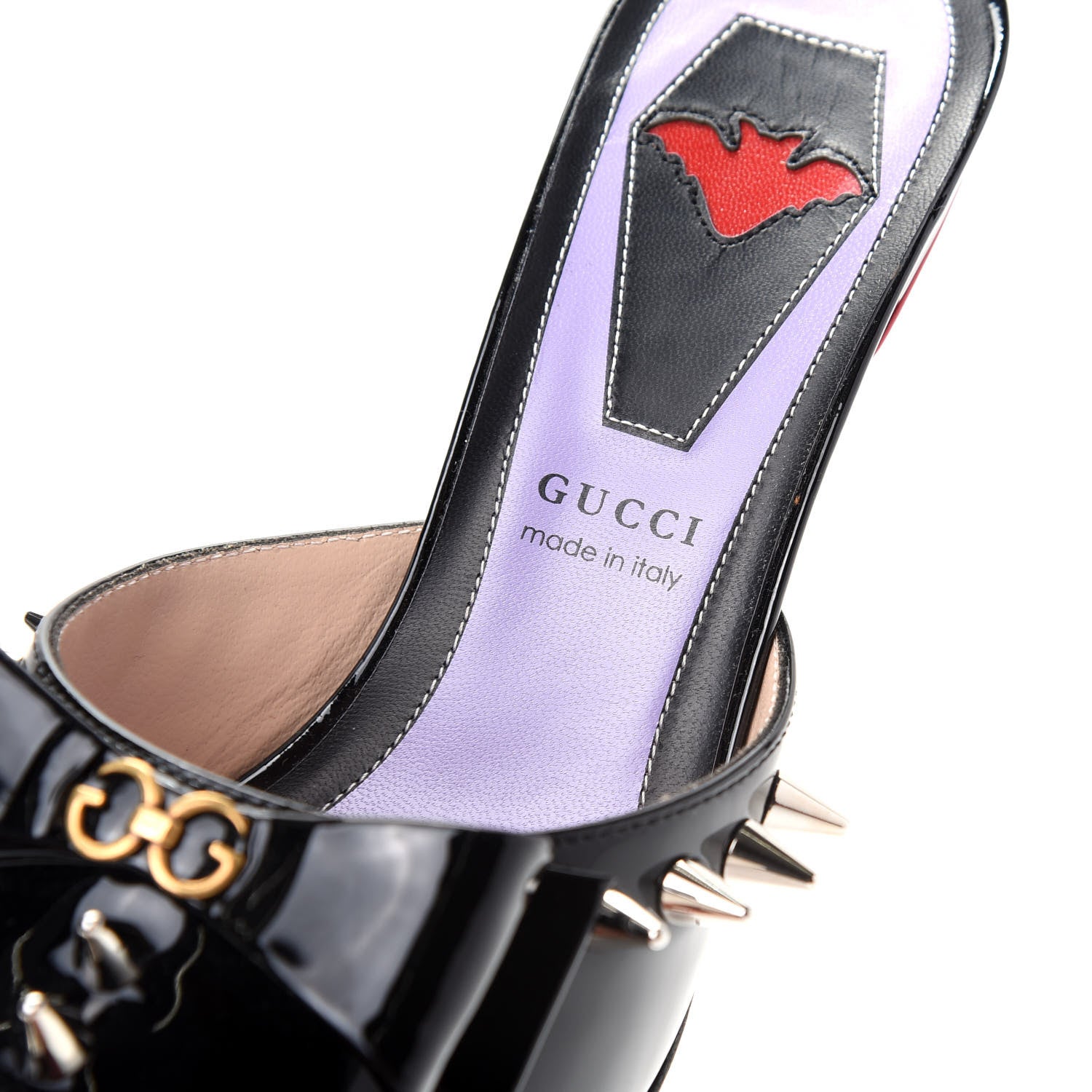 Gucci Patent GG Bow Sadie Spike Mid Heel Mules 36.5 Black 8 of 9