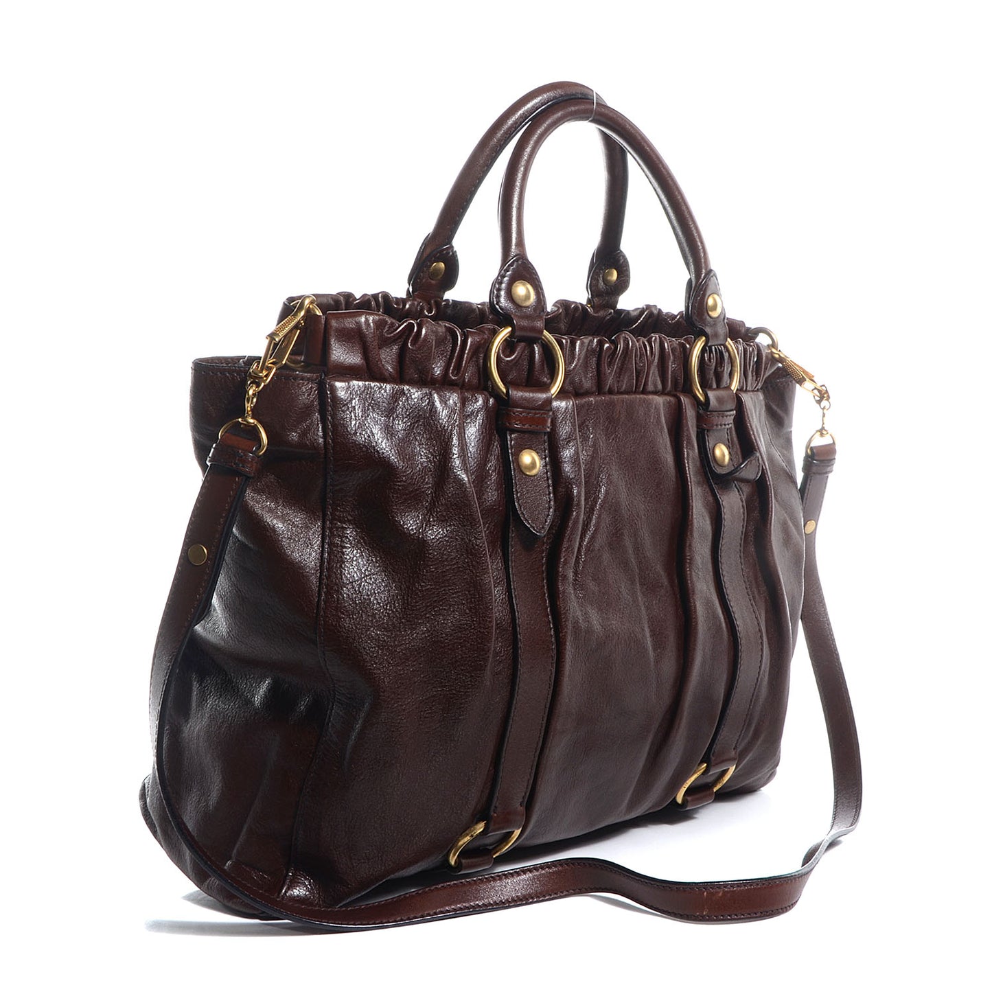 Leather Vitello Lux Gathered Shopper Tote Brown