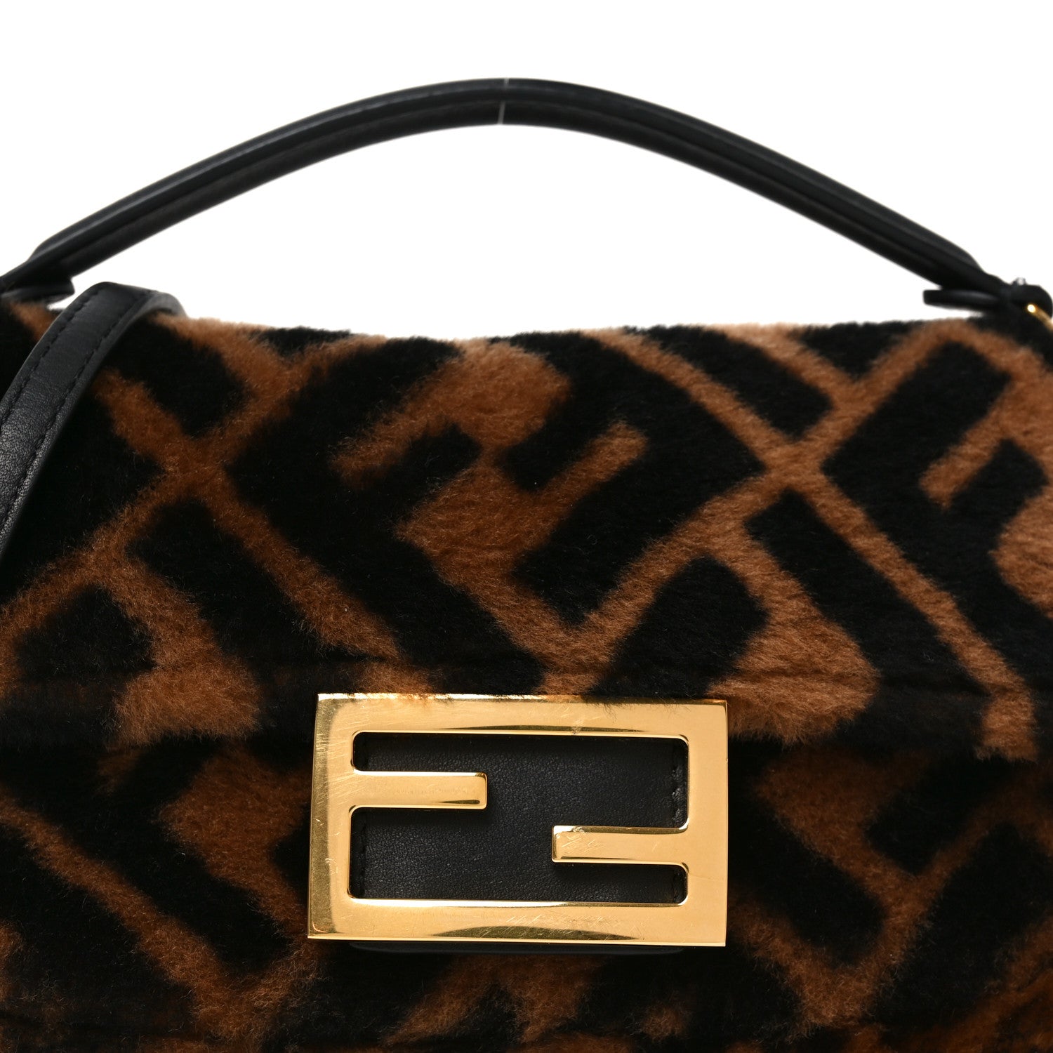 Fendi Shearling Vitello Dolce Macro FF 1974 Mini Baguette Tobacco Black 8 of 10