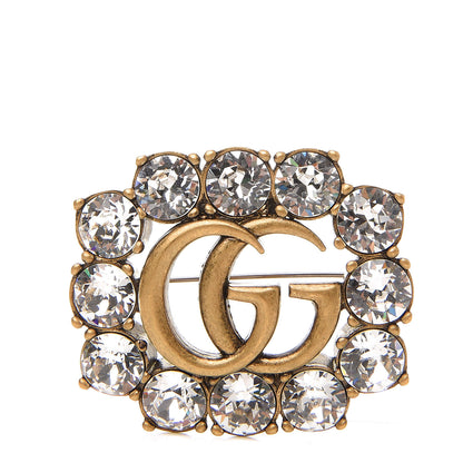 Gucci Metal Crystal Double G Brooch Aged Gold 1 of 5