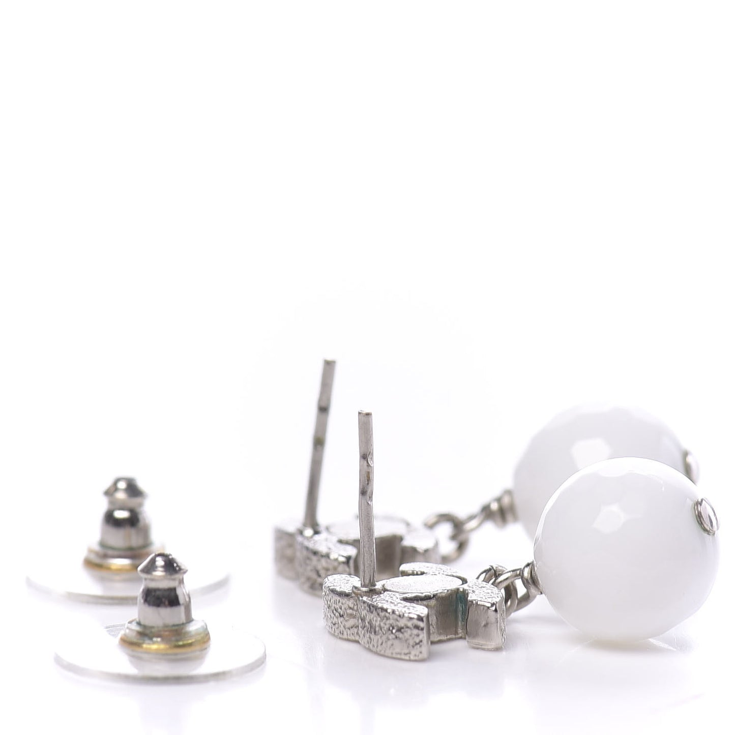 Pearl Glitter Enamel CC Drop Earrings Silver White