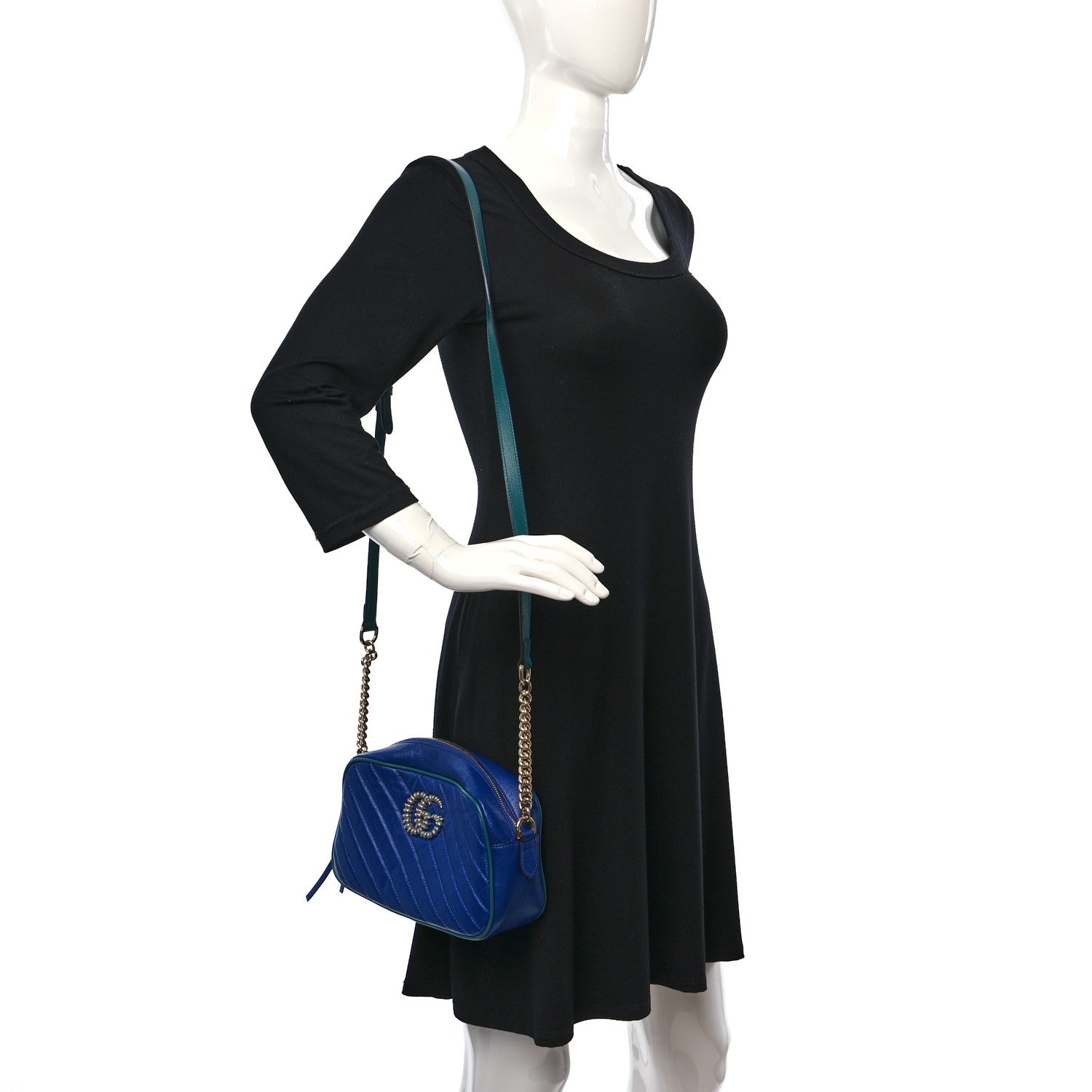 Gucci Azalea Calfskin Enamel Matelasse Diagonal Small Torchon GG Marmont Chain Shoulder Bag Imperial Blue Pavone 2 of 10
