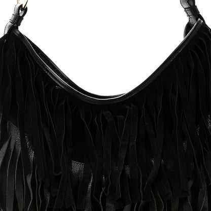 Saint Laurent Suede Calfskin Fringe Buffalo Horn Mombasa Hobo Black 8 of 11