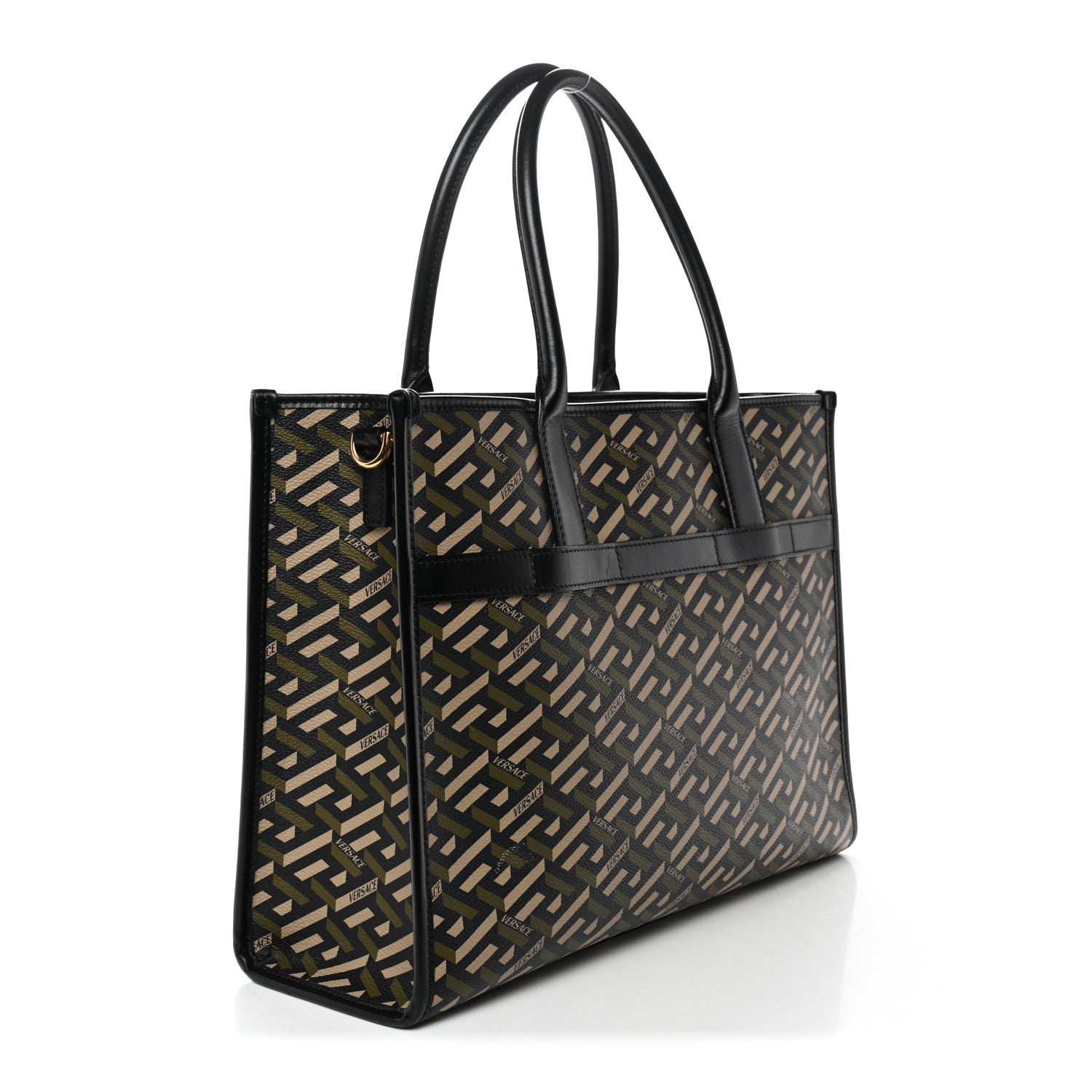 Versace Coated Canvas Calfskin La Greca Signature Tote Bag Black Khaki 3 of 14