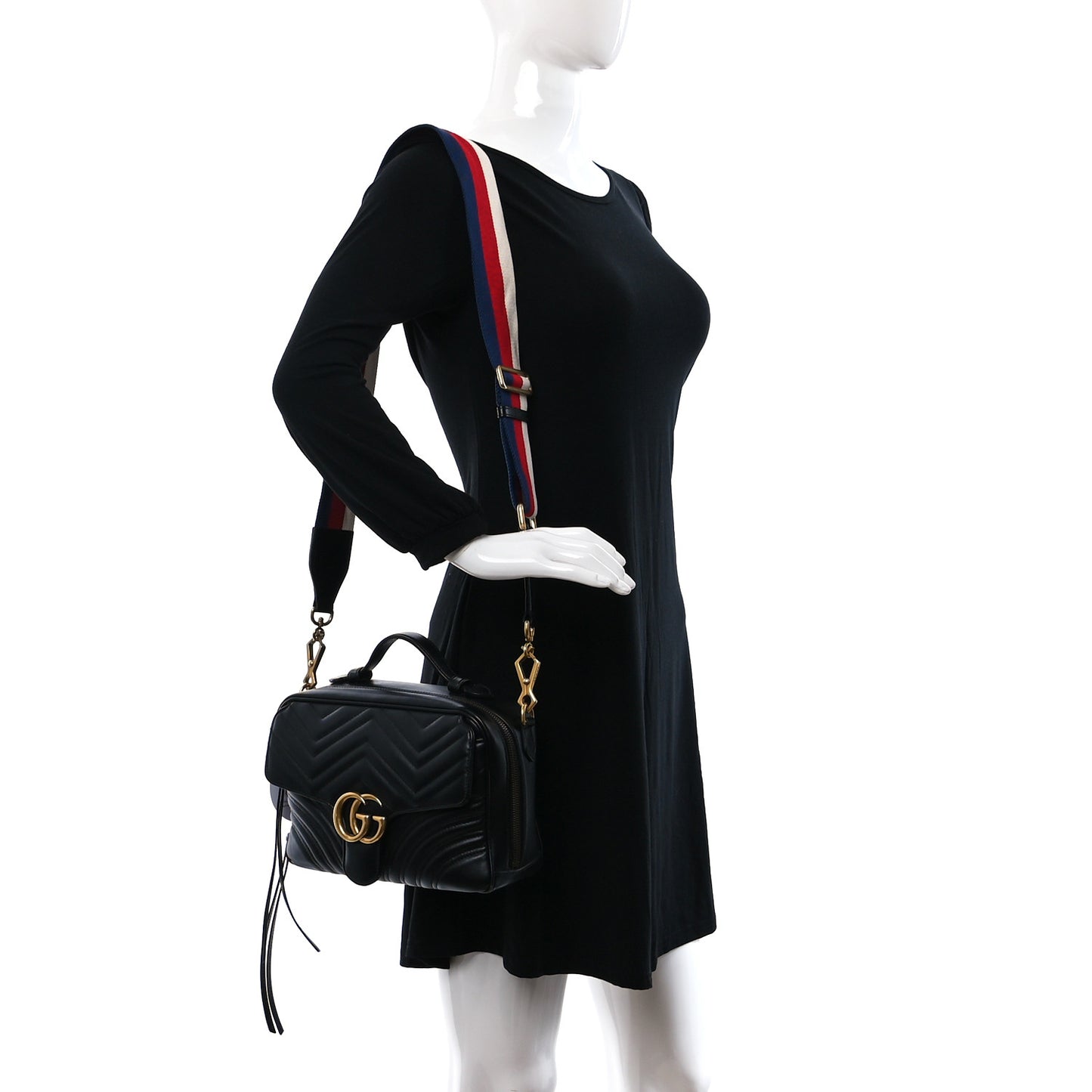 Calfskin Matelasse Sylvie Web Small GG Marmont Top Handle Shoulder Bag Black