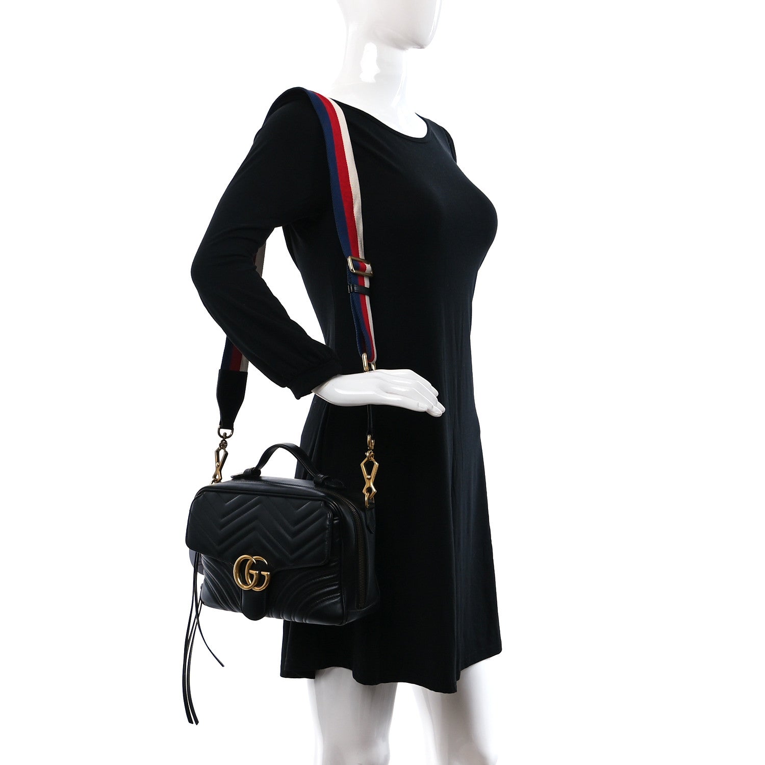 Gucci Calfskin Matelasse Sylvie Web Small GG Marmont Top Handle Shoulder Bag Black 2 of 12