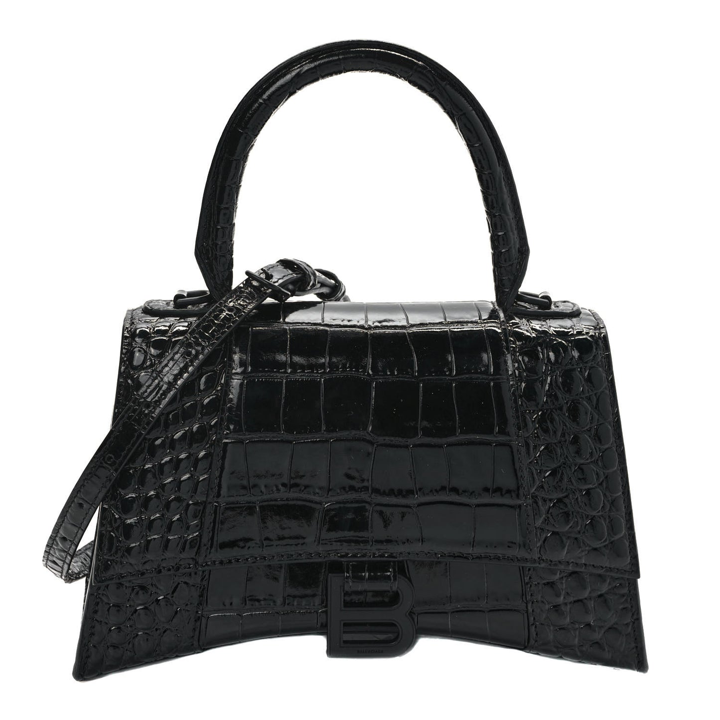 Shiny Calfskin Monochrome Crocodile Embossed Small Hourglass Top Handle Bag Black