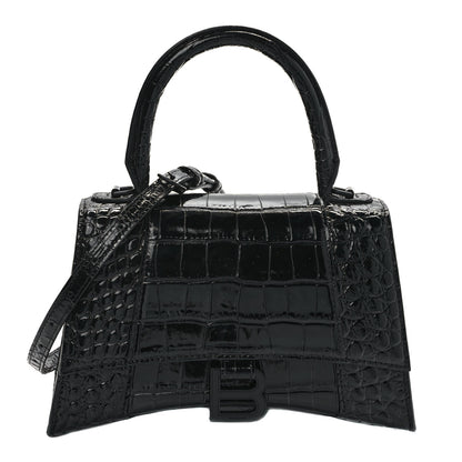 Balenciaga Shiny Calfskin Monochrome Crocodile Embossed Small Hourglass Top Handle Bag Black 1 of 9