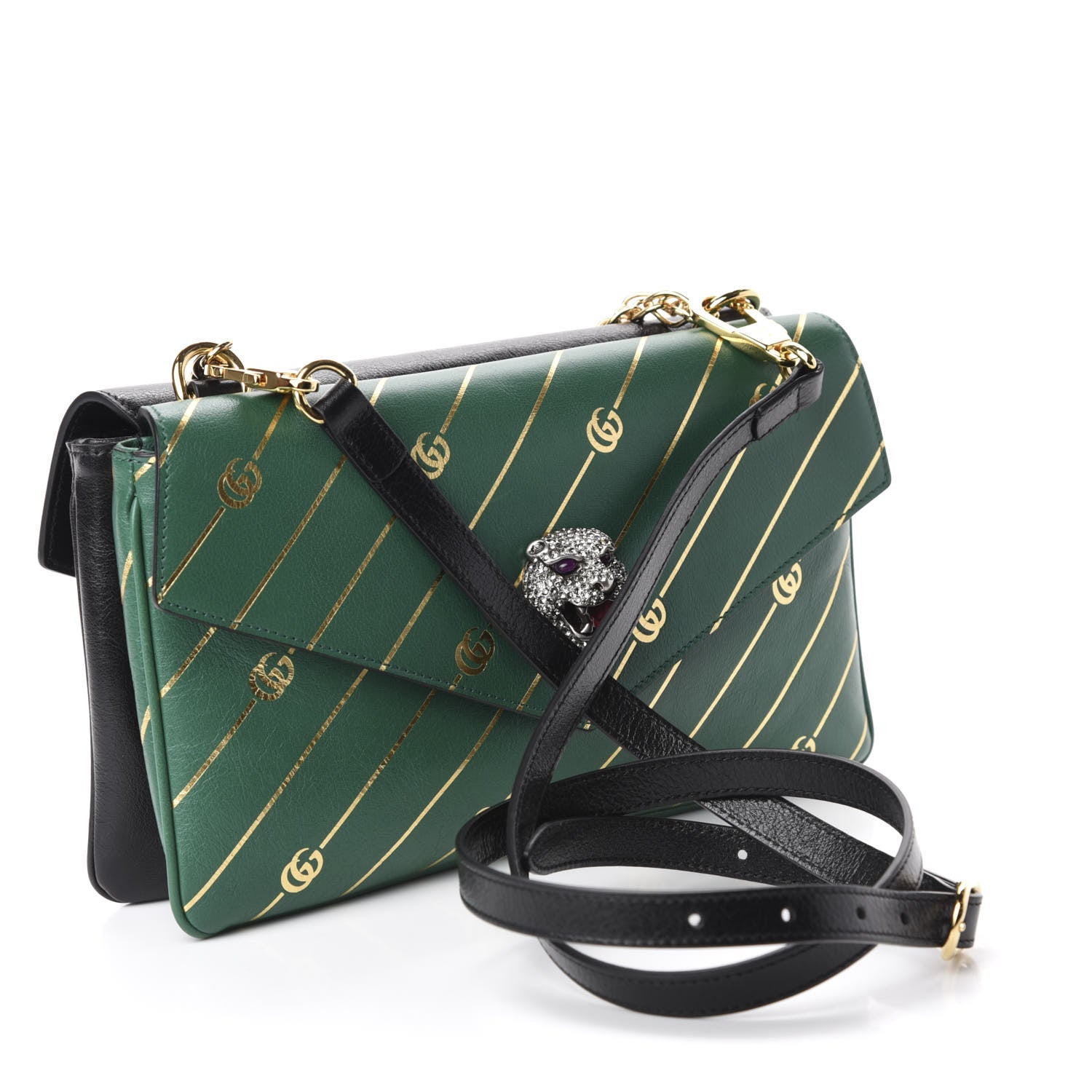 Gucci Calfskin Diagonal GG Medium Thiara Double Envelope Shoulder Bag Emerald Green Black 3 of 11