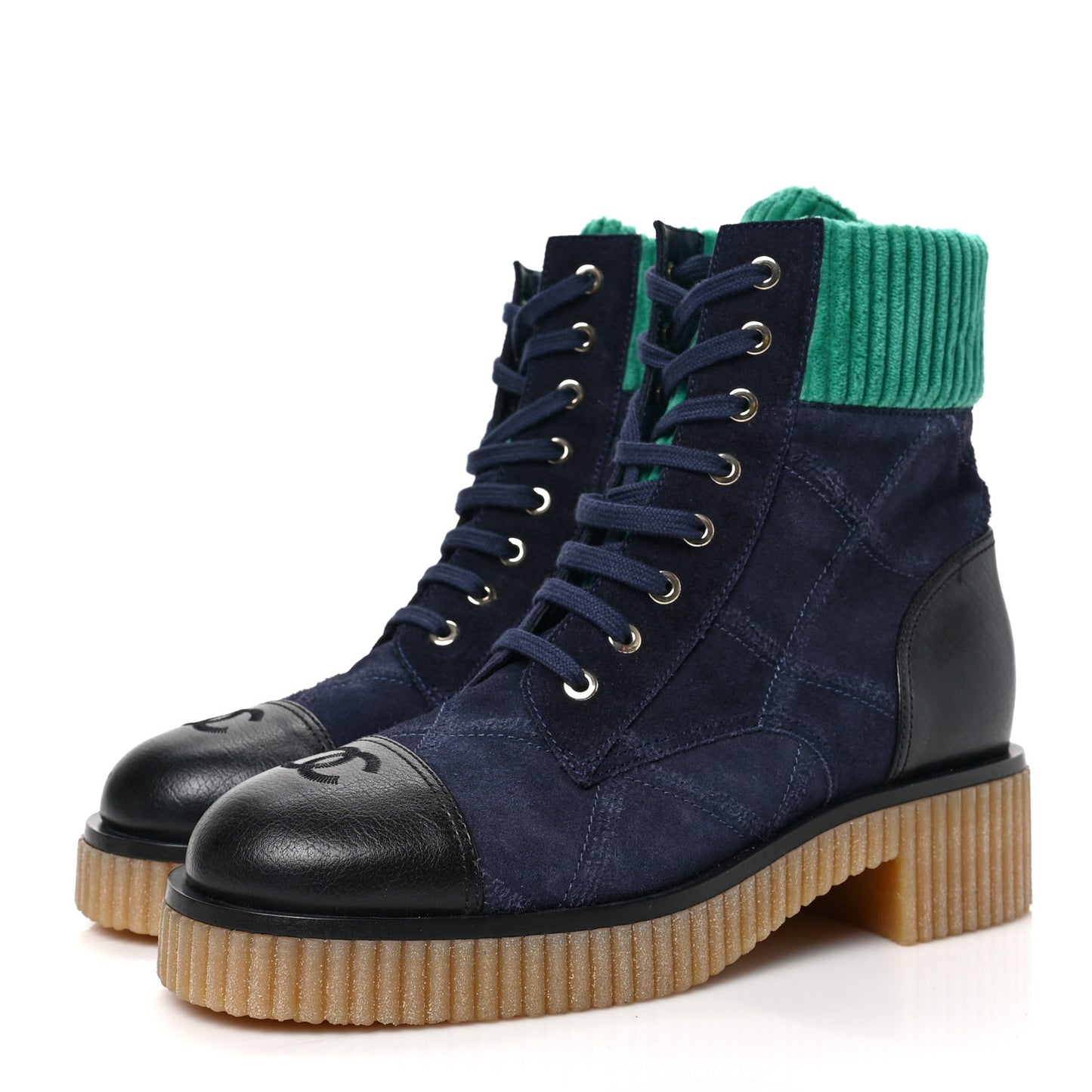 Suede Calfskin Velvet Quilted CC Combat Boots 38.5 Navy Green Black