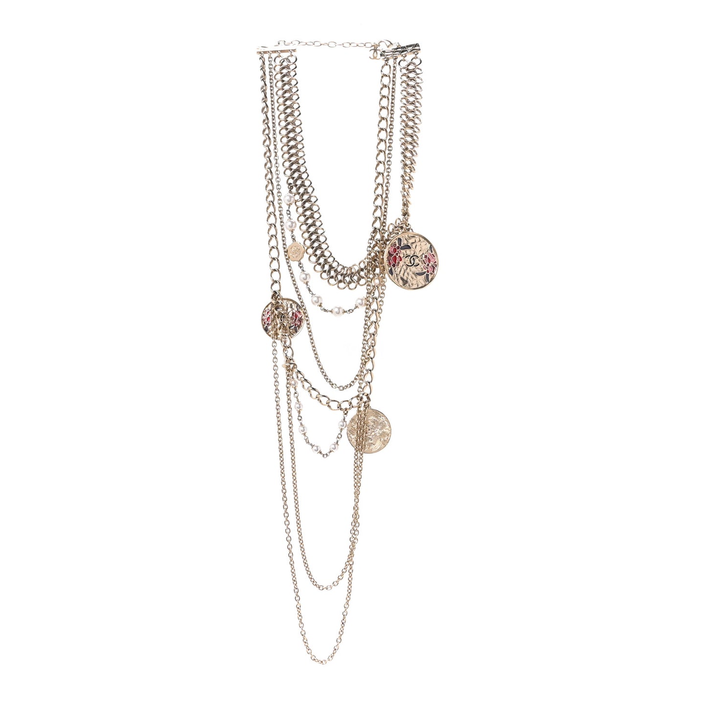Resin Pearl Metal CC Camellia Multi Strand Chain Necklace Pink Gold