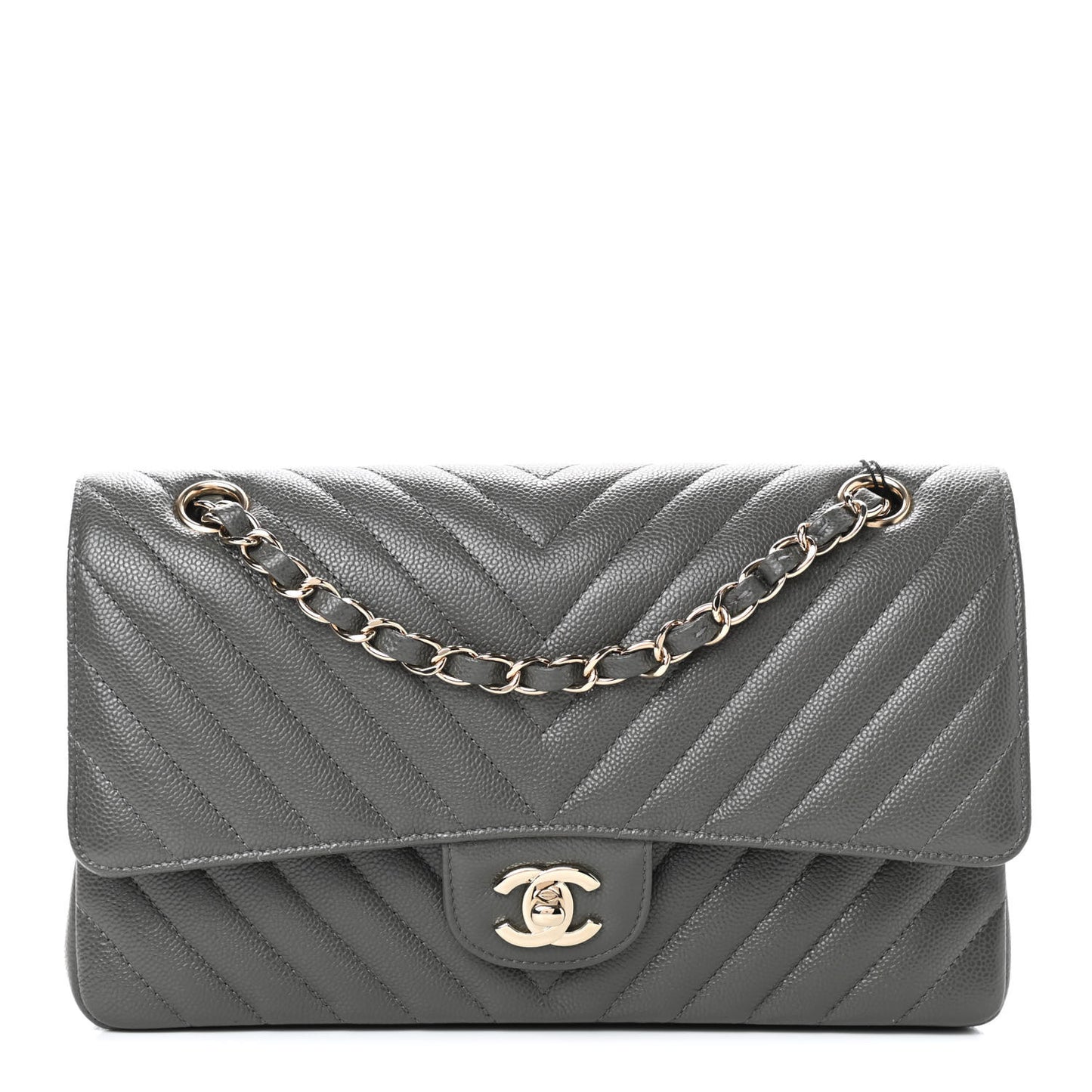 Caviar Chevron Quilted Medium Double Flap Dark Grey