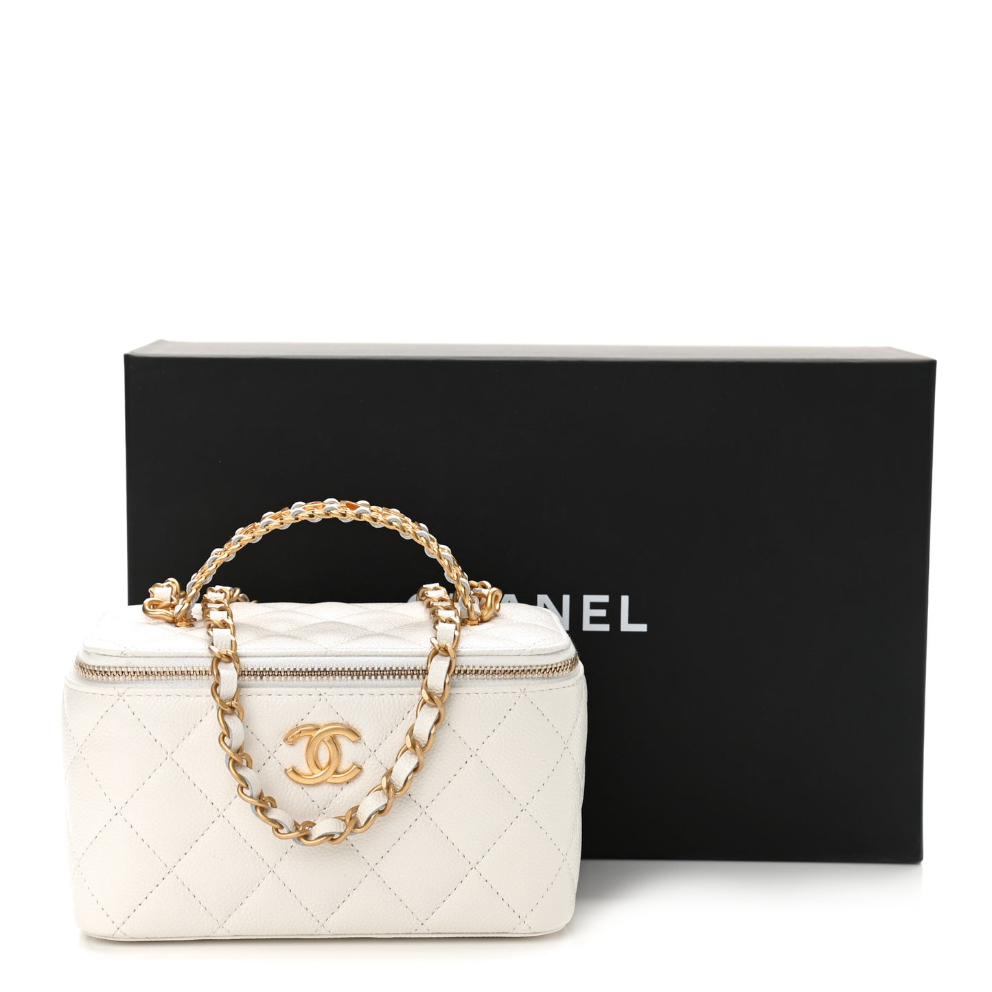 Shiny Caviar Quilted Pick Me Up Vanity Case White