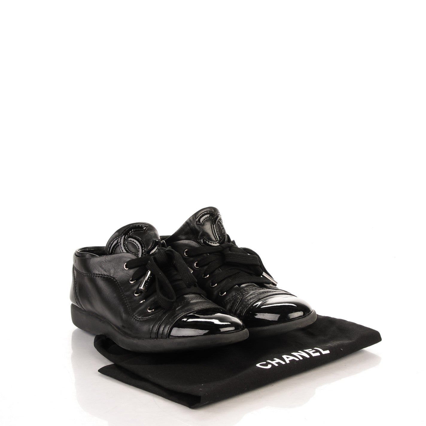 Chanel Lambskin Patent Cap Toe CC Sneakers 34.5 Black 2 of 10