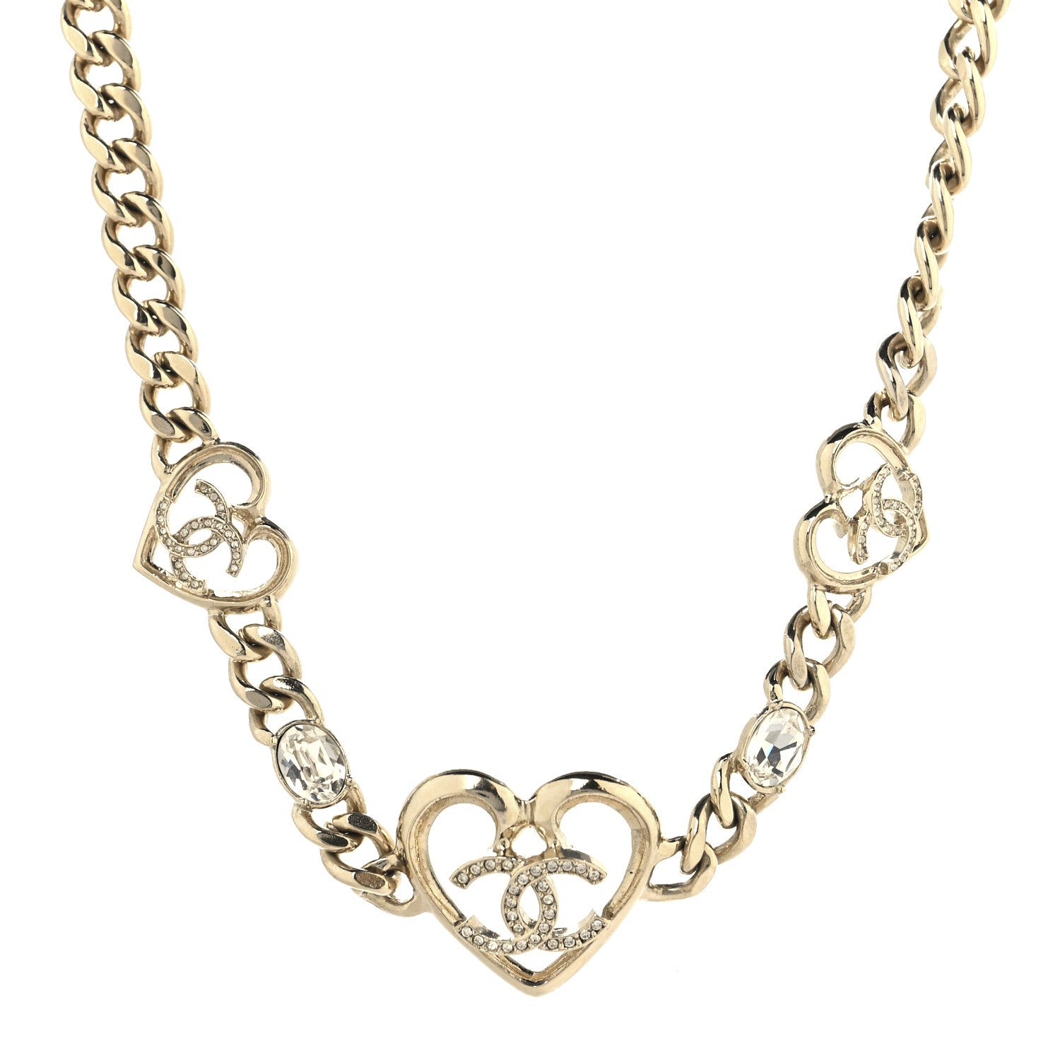 Chanel Metal Crystal Heart CC Chain Necklace Gold 1 of 5