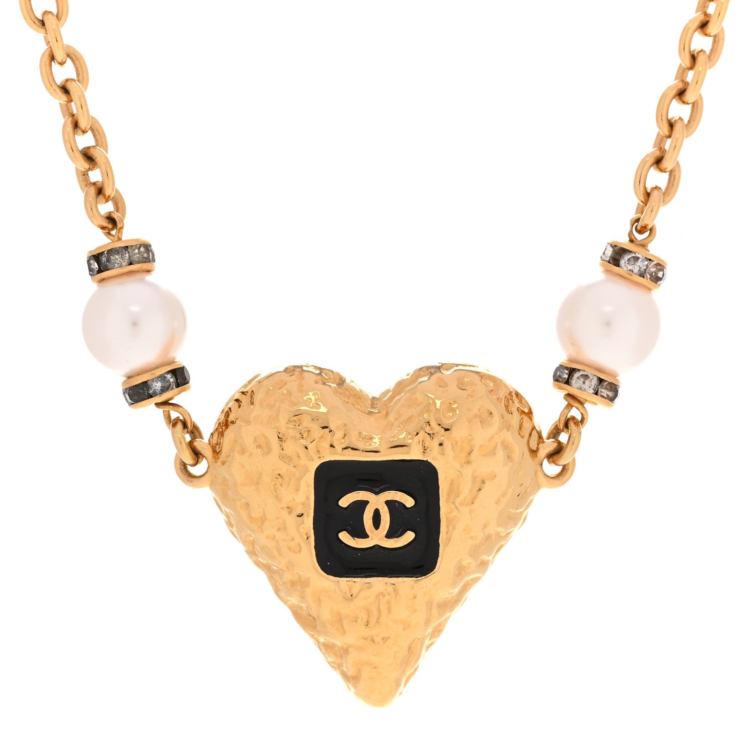Chanel Resin Crystal Pearl Chain Heart CC Pendant Choker Necklace Black White Gold 4 of 5
