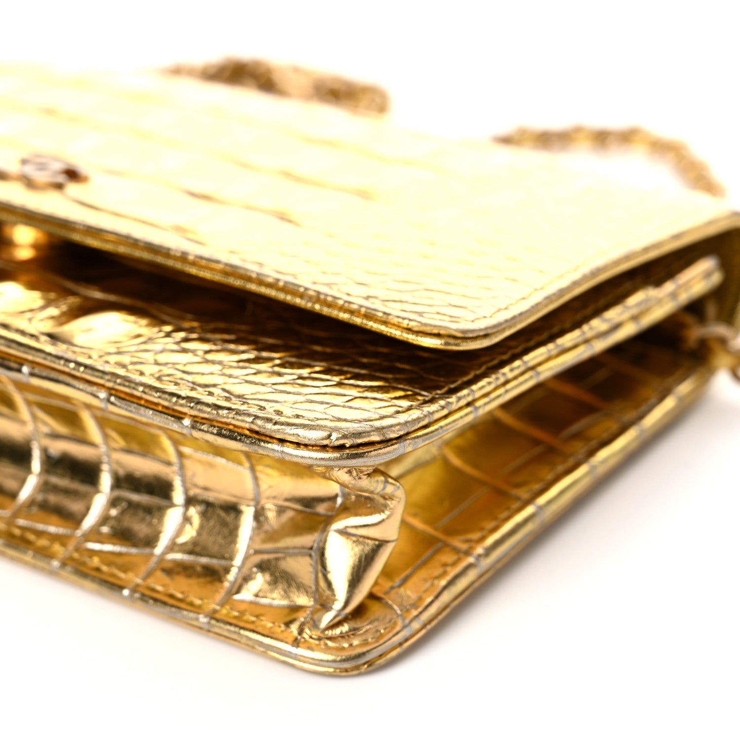 Chanel Metallic Calfskin Crocodile Embossed Cocodile Wallet On Chain WOC Gold 10 of 15