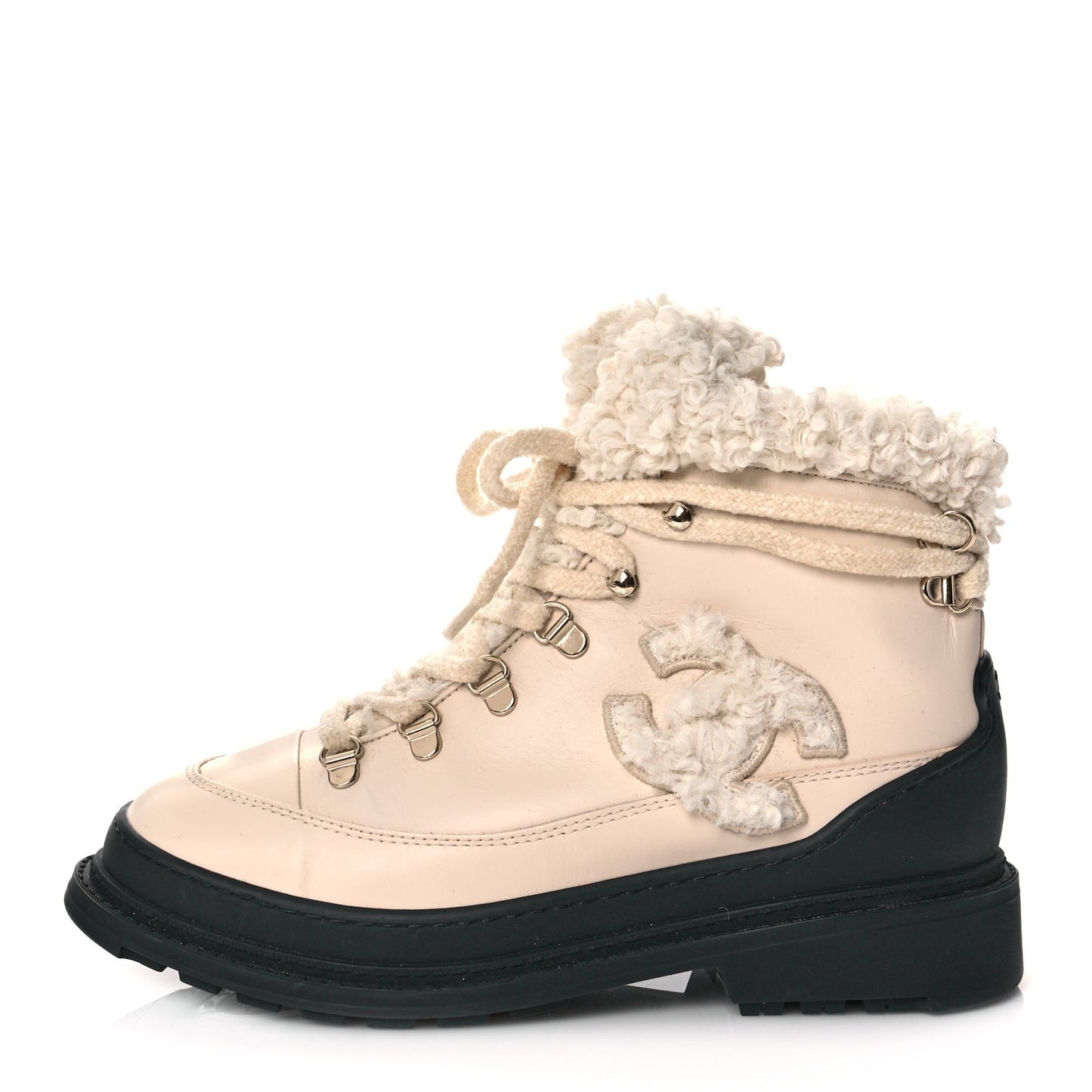 Calfskin Shearling CC Lace Up Boots 38 Light Beige Ivory