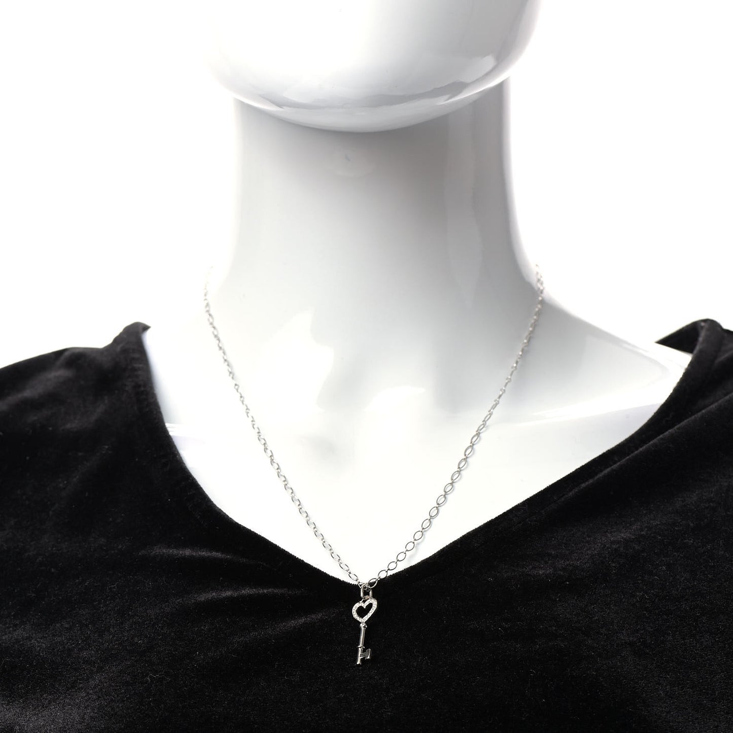 18K White Gold Diamond Mini Heart Key Charm Pendant Link Necklace