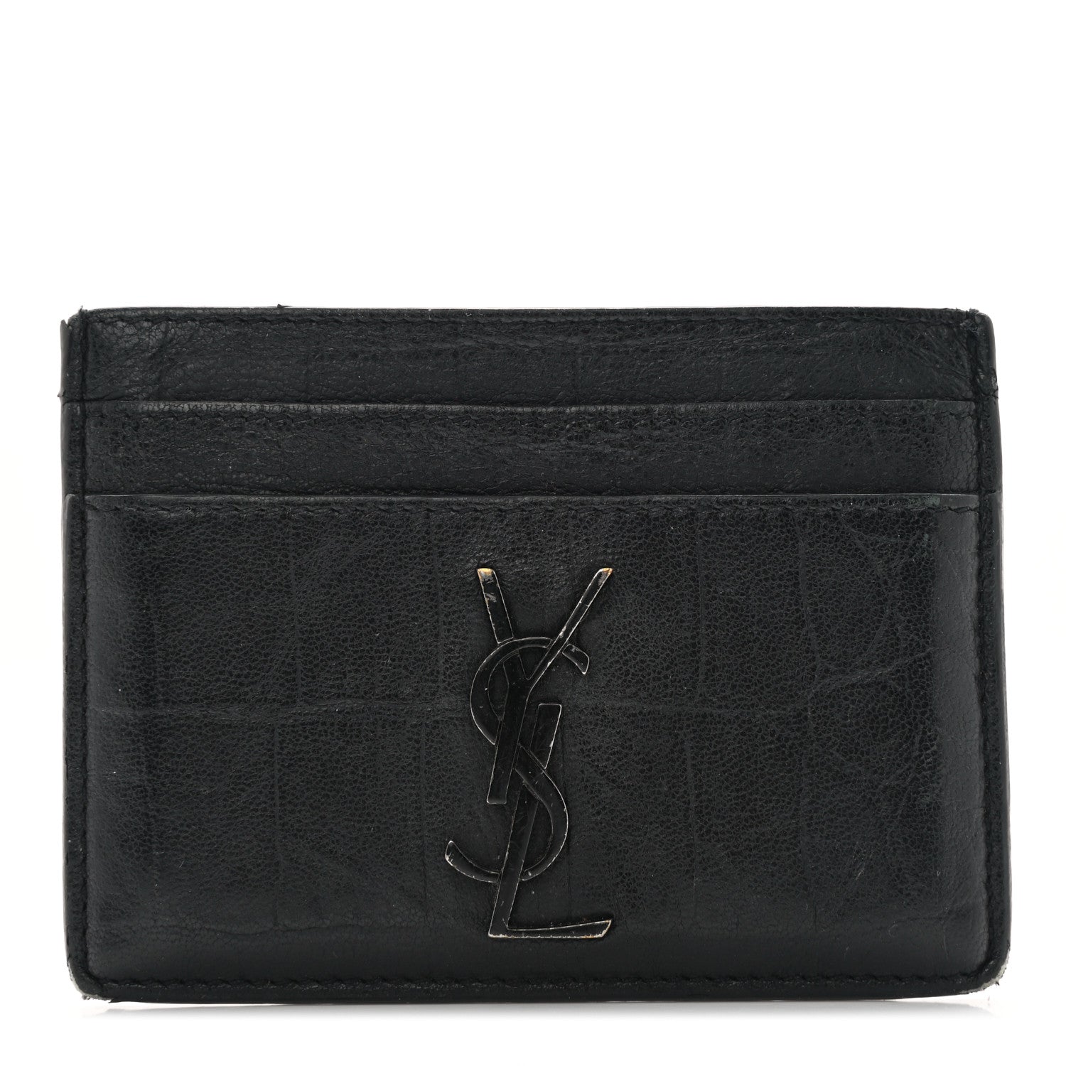 Saint Laurent Calfskin Crocodile Embossed Monogram Credit Card Case Black 1 of 10