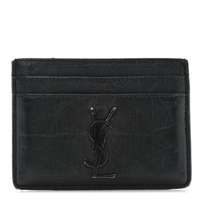 Saint Laurent Calfskin Crocodile Embossed Monogram Credit Card Case Black 1 of 10