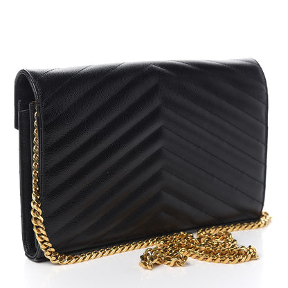 Saint Laurent Grain De Poudre Matelasse Chevron Monogram Chain Wallet Black 2 of 10