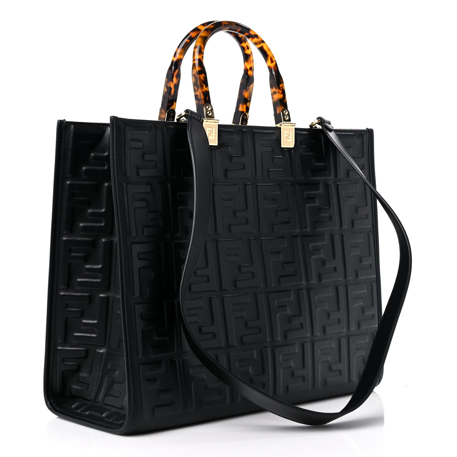 Fendi Vitello Plexiglass FF Embossed Medium Fendi Sunshine Shopper Tote Black 3 of 13