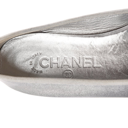 Chanel Laminated Lambskin Grosgrain Cap Toe CC Ballerina Flats 36 Silver Black 7 of 16