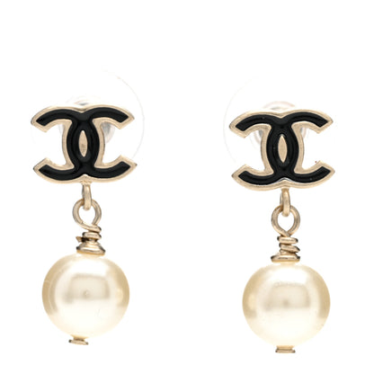 Chanel Pearl Enamel CC Drop Earrings Black Gold 1 of 4