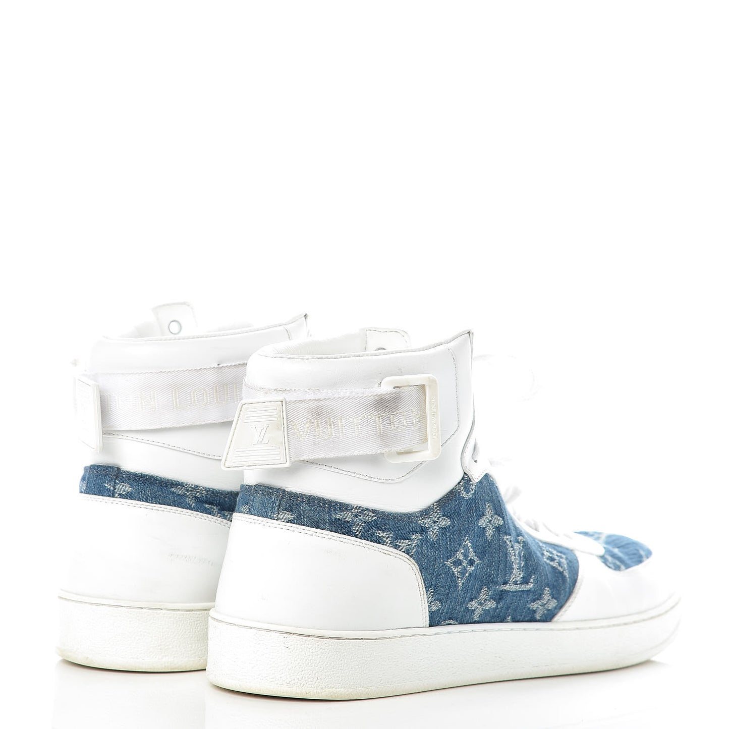 Calfskin Monogram Denim Rivoli High Top Sneakers 7.5 White