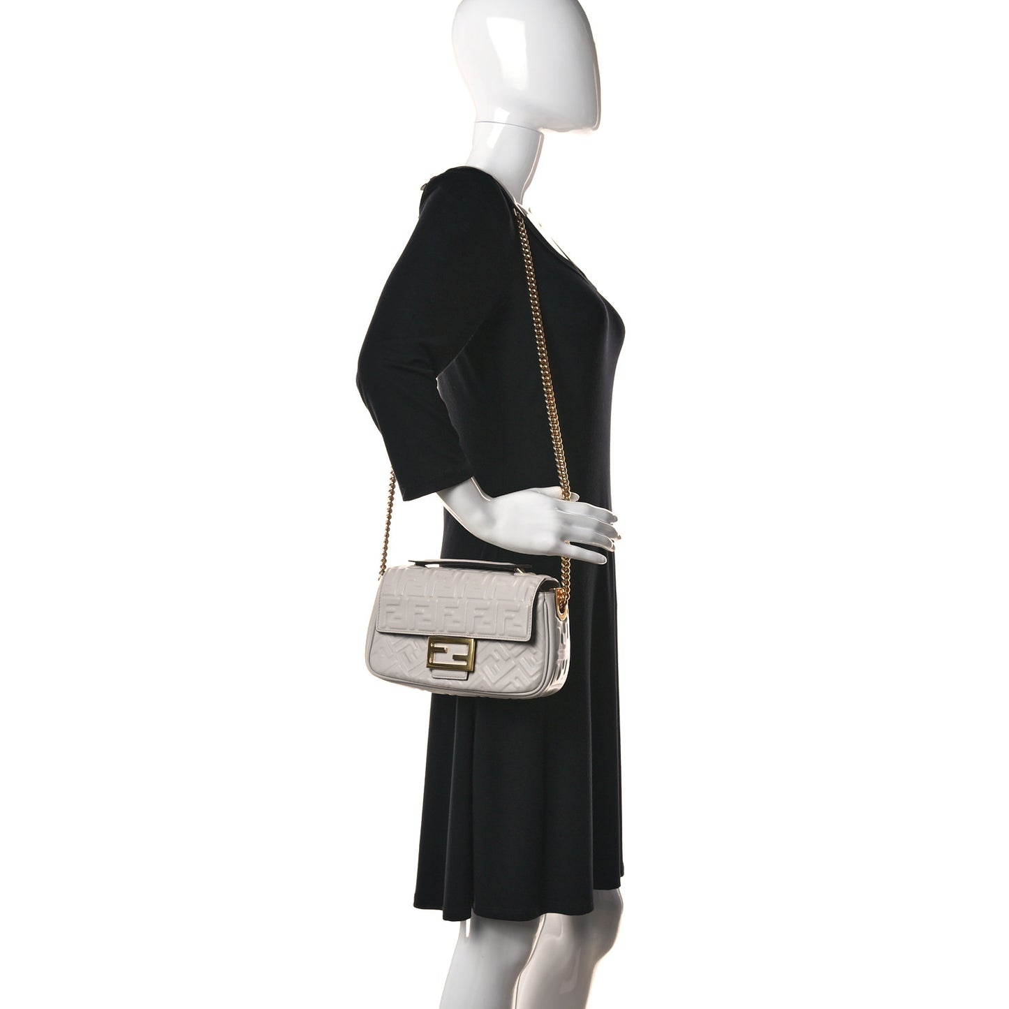Nappa Small FF Embossed Midi Chain Baguette Ghiaia