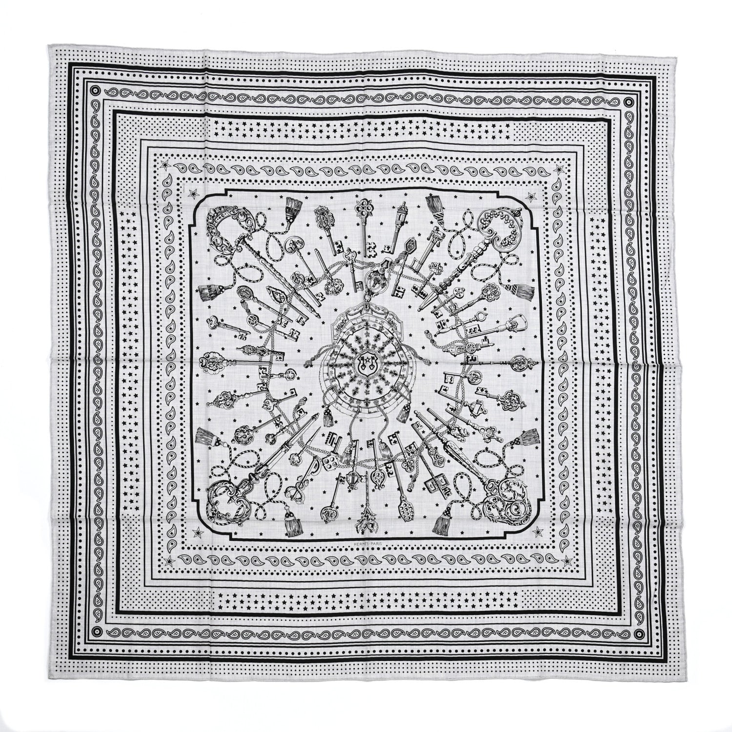 Hermes Cashmere Silk Les Cles Bandana Shawl 140 Gris Chine Black 1 of 6